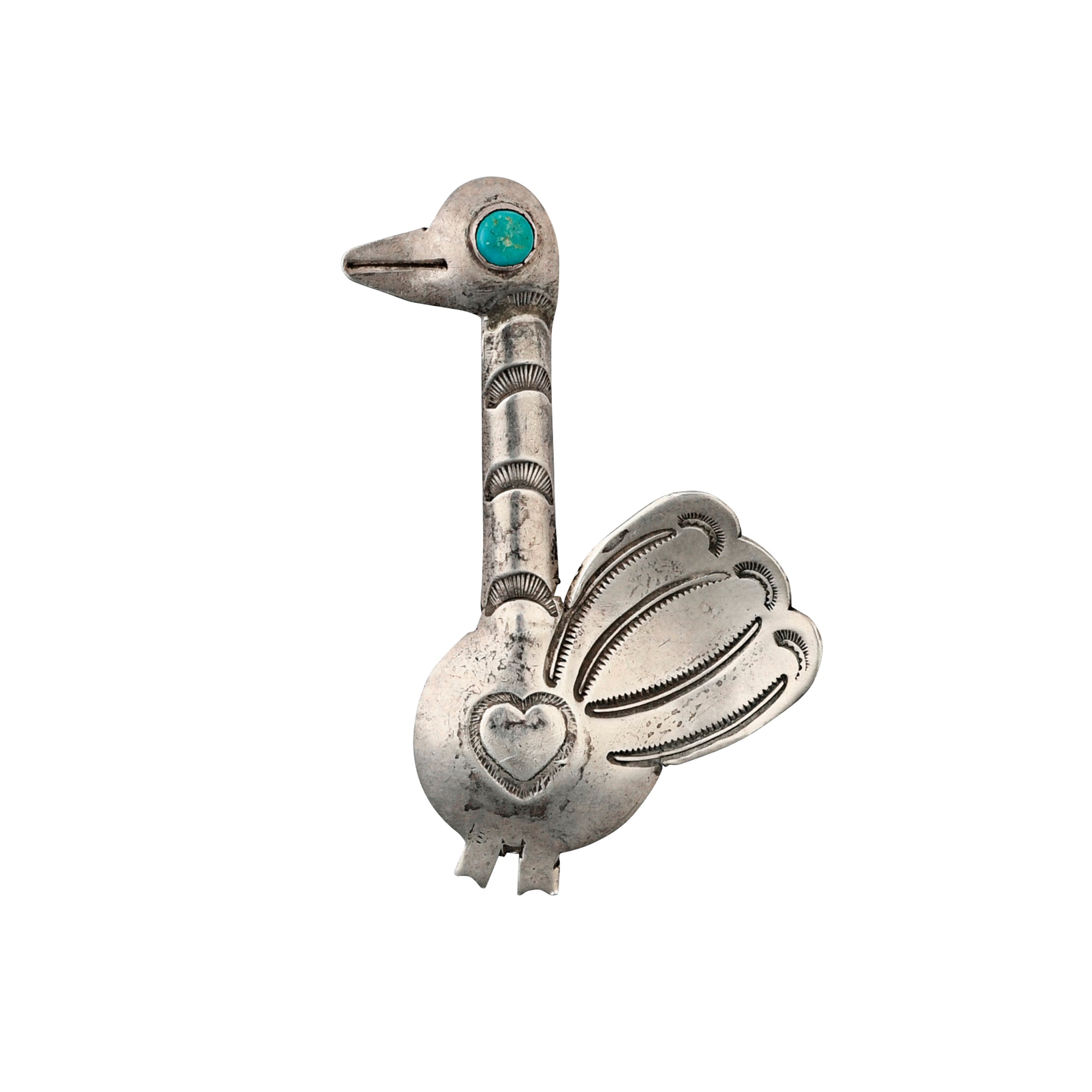 vintage pin of a long neck peacock with turquoise