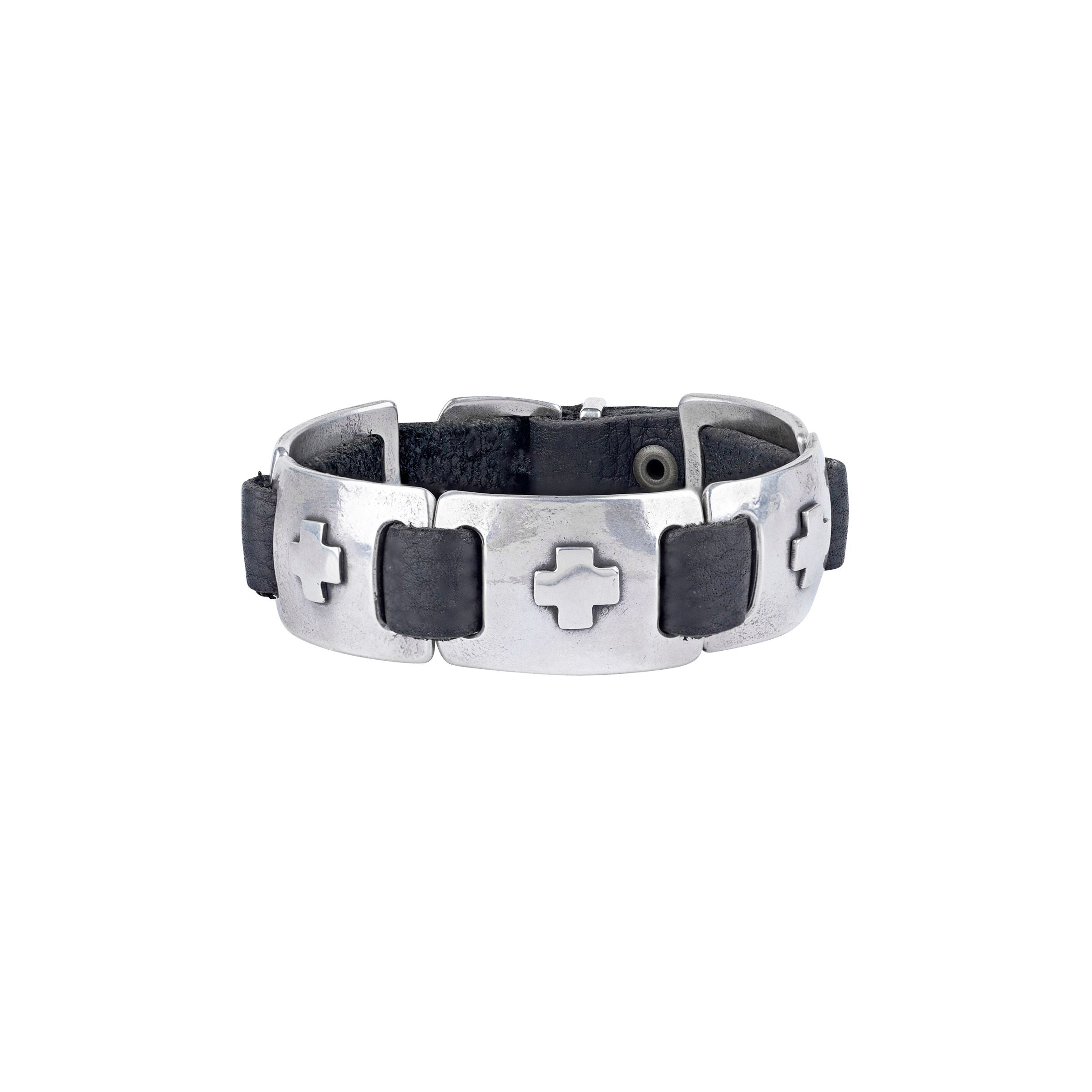 Natural black or brown leather bracelet with sterling silver domed rectangular conchos from American artist Dennis Hogan.