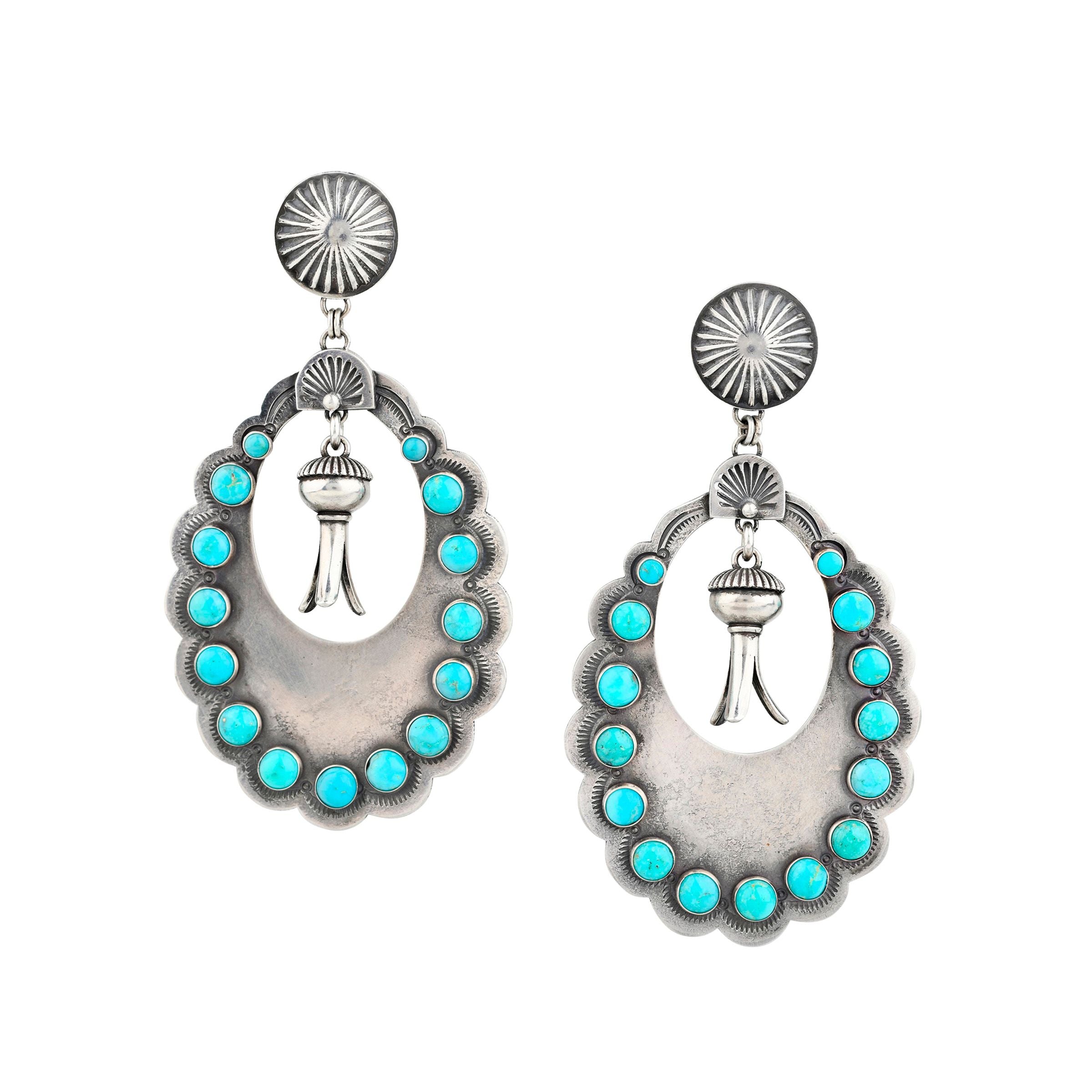 Sterling silver concho post and dangle earrings from American artisan Dennis Hogan. Featuring turquoise and coral stones and squash blossom center piece. 