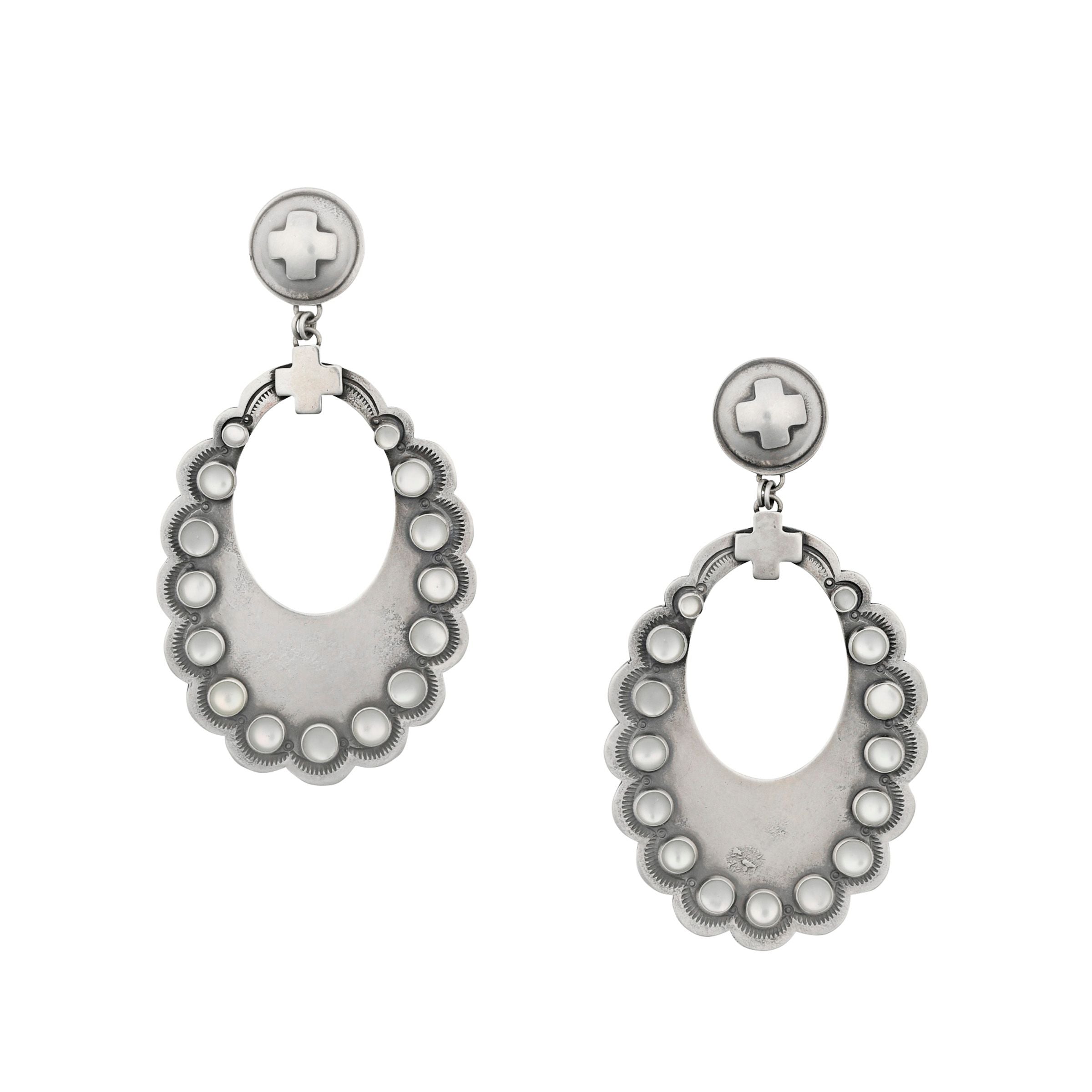 Dennis Hogan Eternal Bliss Earrings, artisan, sterling silver, made in USA, mother of pearl, wild west, cross, statement earrings