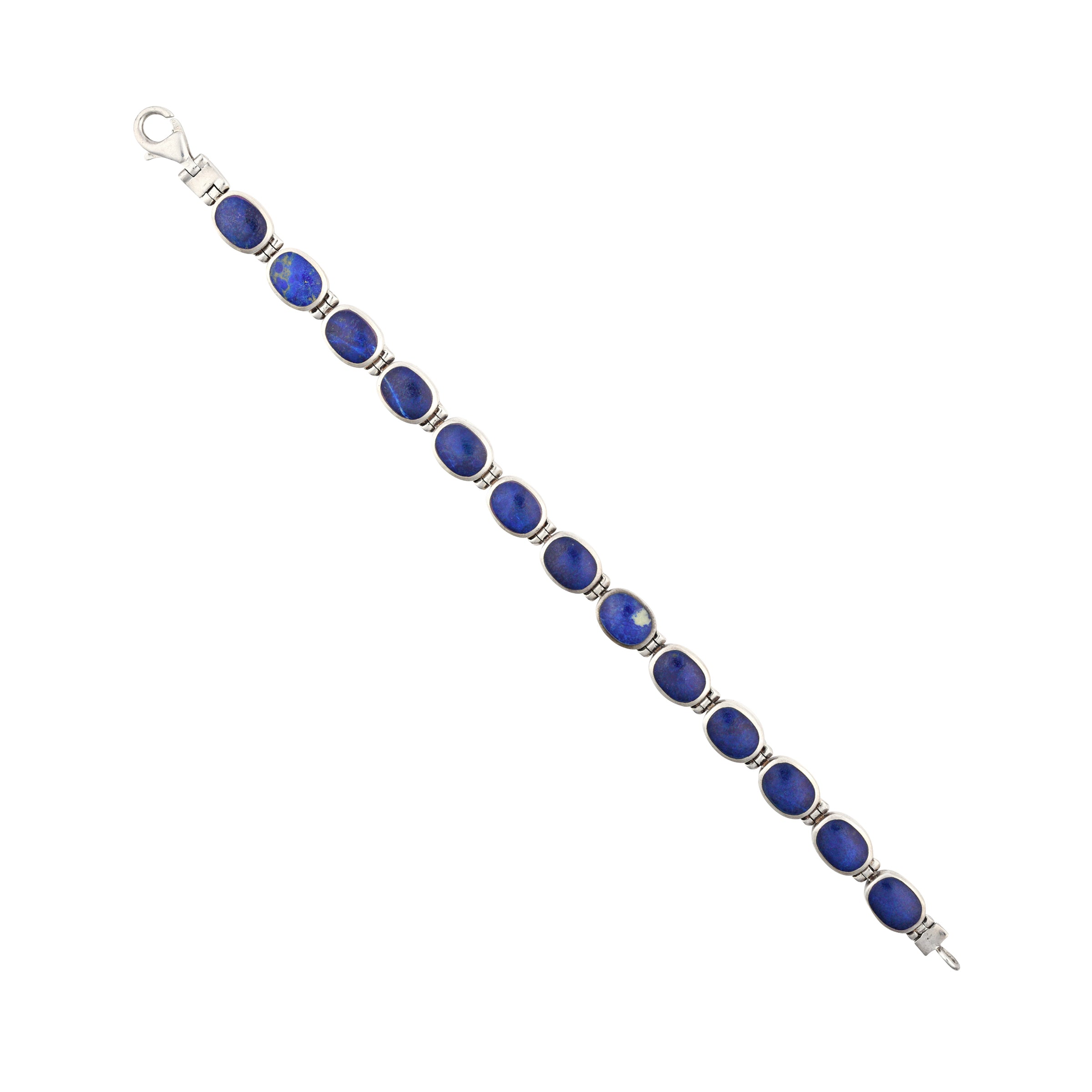 A sterling silver bracelet with lapis stone inlay, featuring an oval shape and a length of 7 inches.