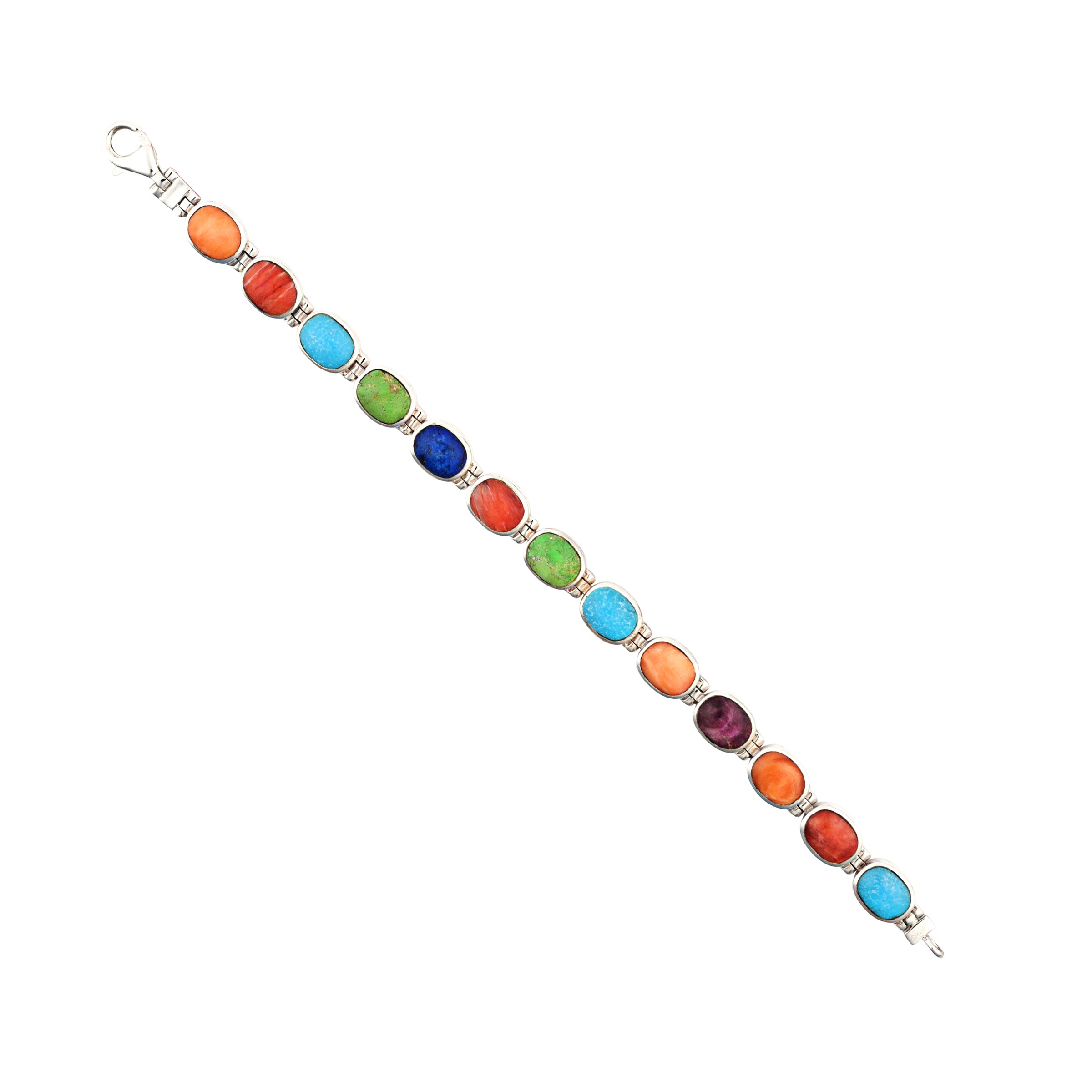 A sterling silver bracelet with various semi-precious stones, featuring an oval shape and a length of 7 inches.
