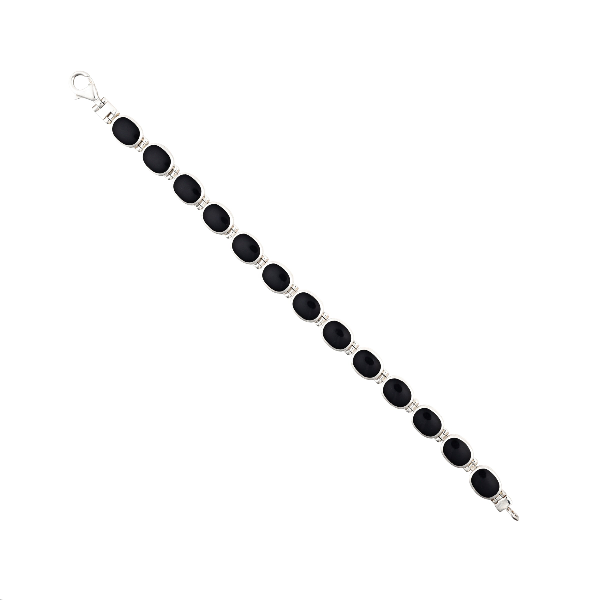 A sterling silver bracelet with onyx stone inlay, featuring an oval shape and a length of 7 inches.