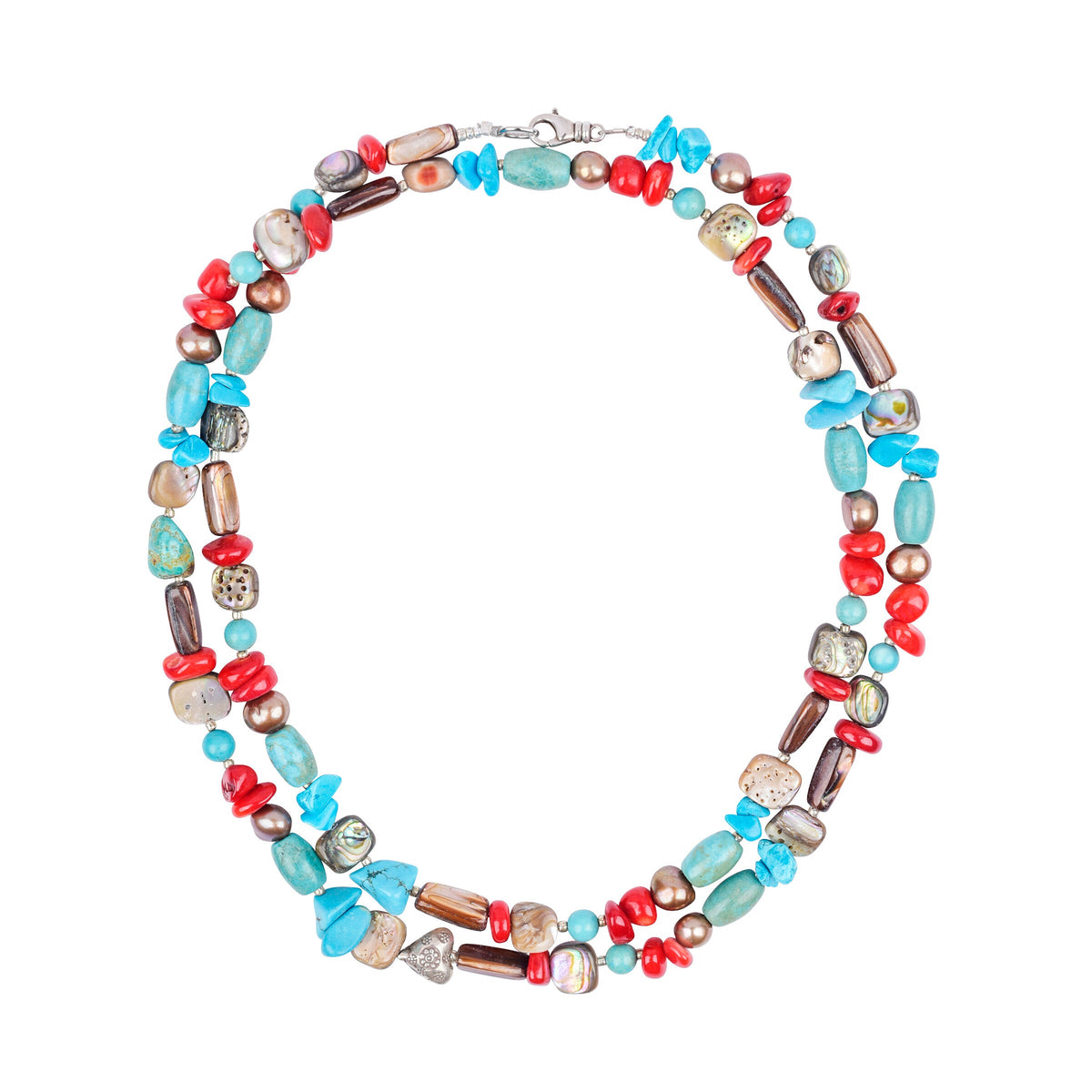 A multicolored beaded necklace with a mix of round and tube-shaped beads in shades of blue, red, and brown, strung together on a silver chain with a lobster clasp.