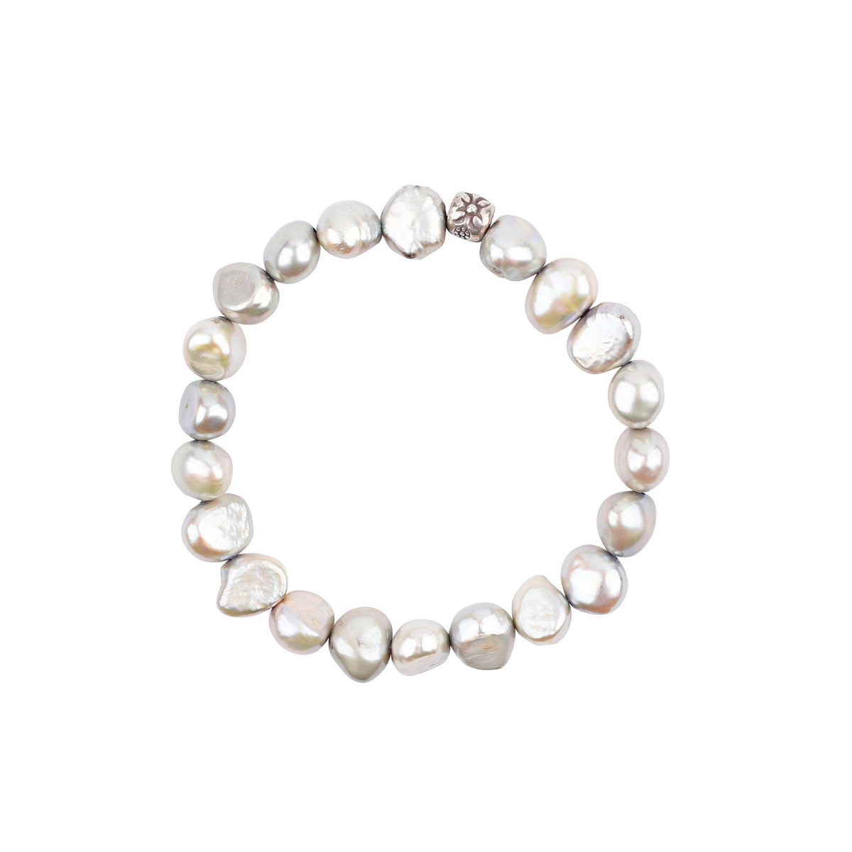 A stretch bracelet with freshwater pearl beads and a sterling one silver bead accent.