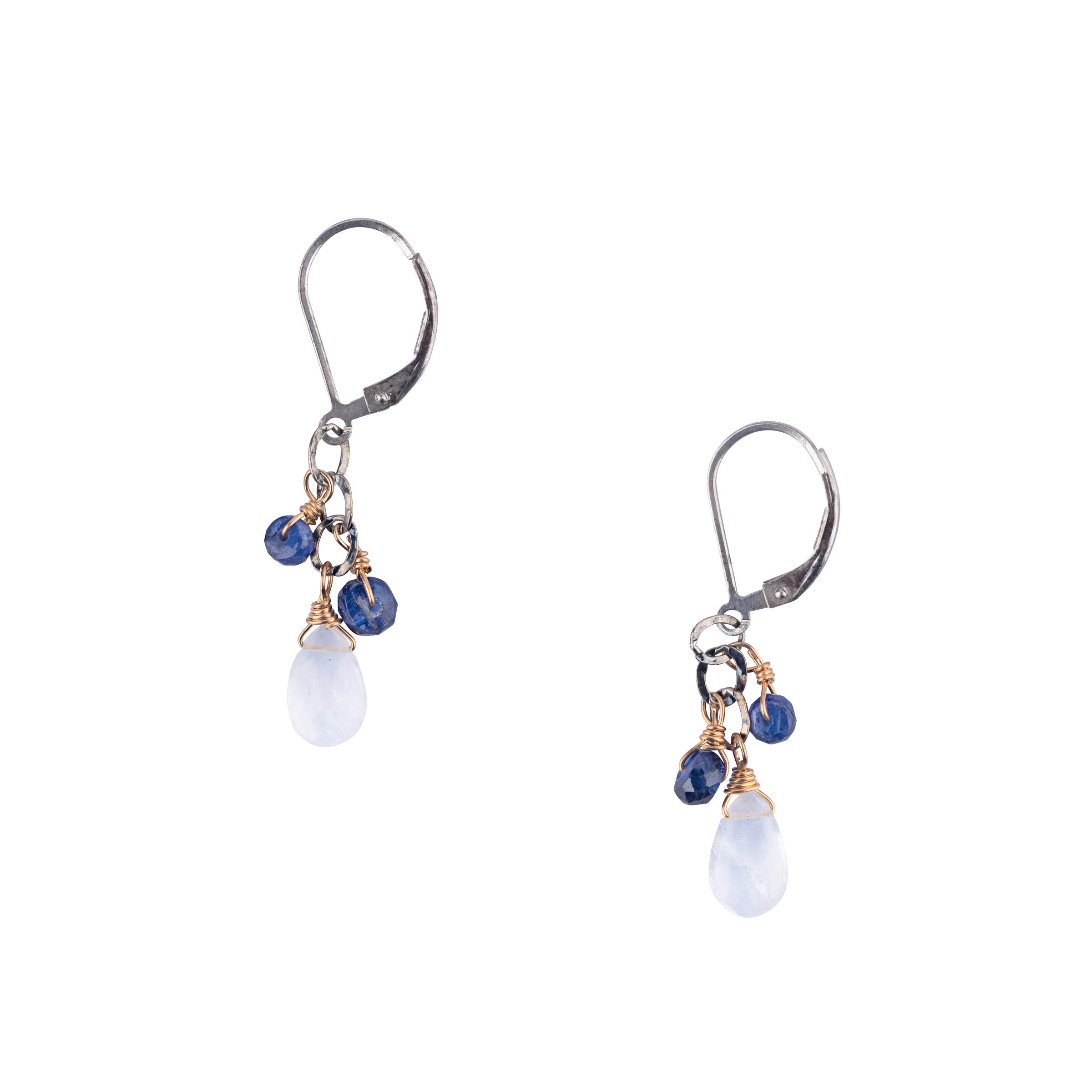 Moonstone and kyanite drop earrings with sterling silver hooks and celestial design