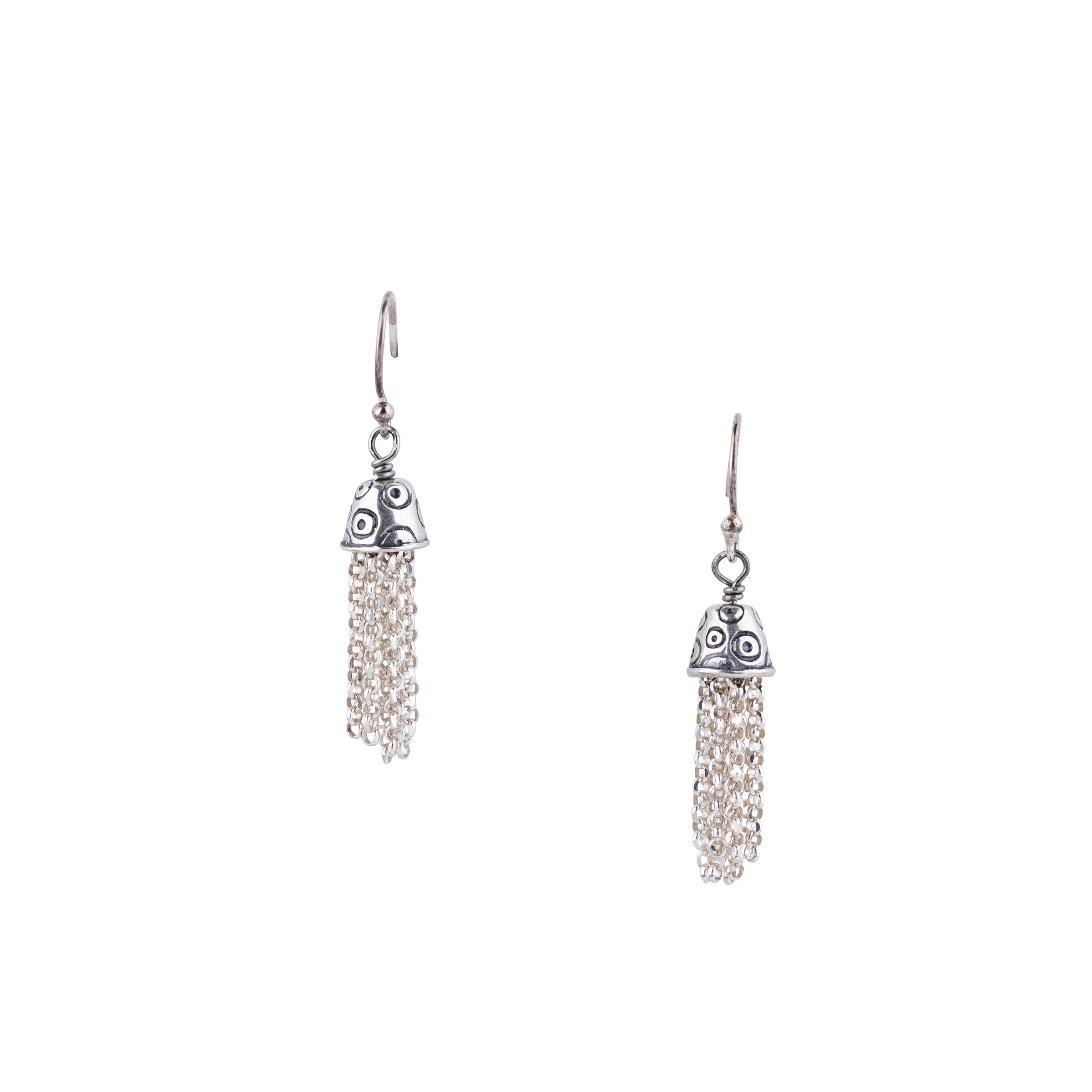 Silver chain tassel earrings with delicate thread design and small dome accent