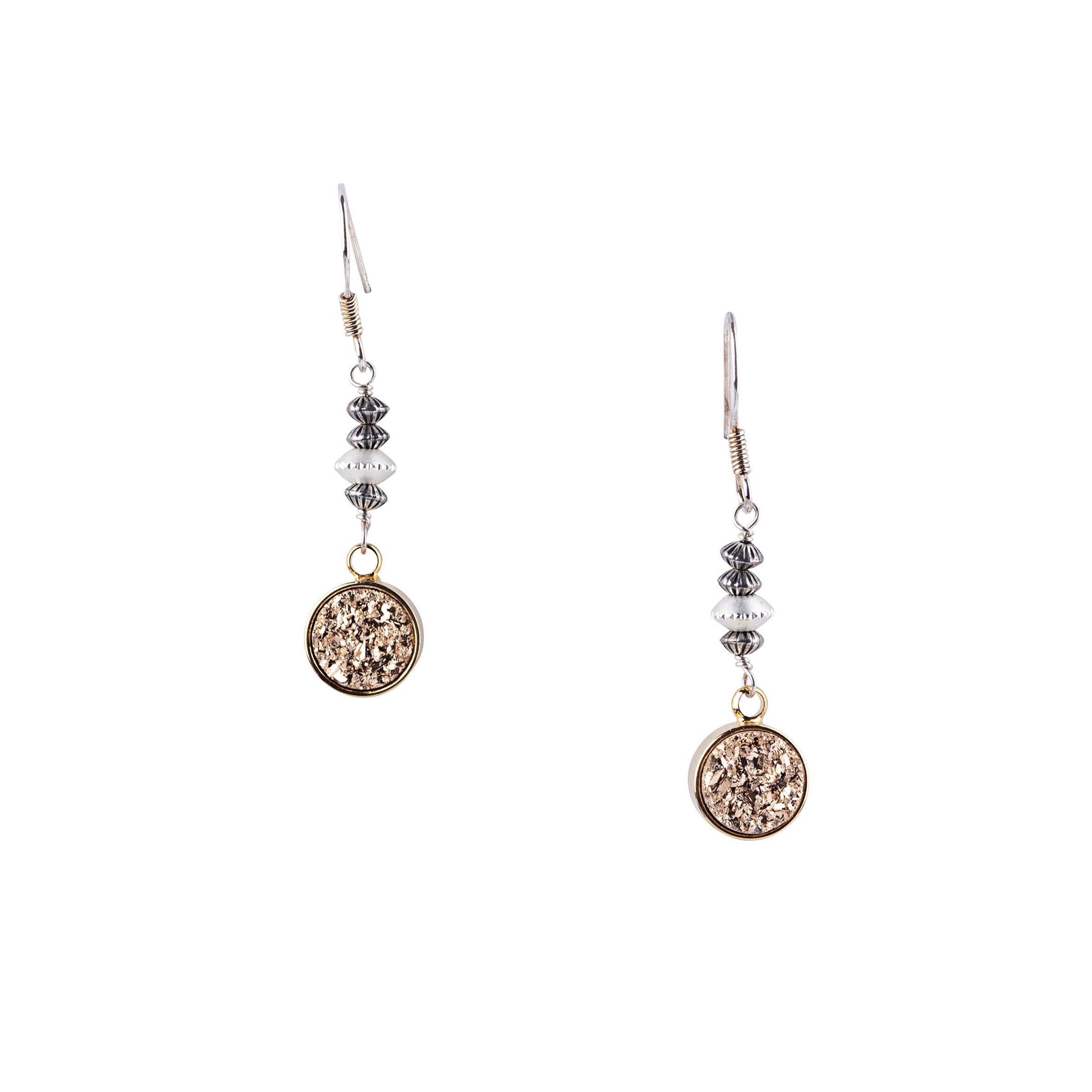 Gold druzy drop earrings with silver tone beads and delicate hook design 