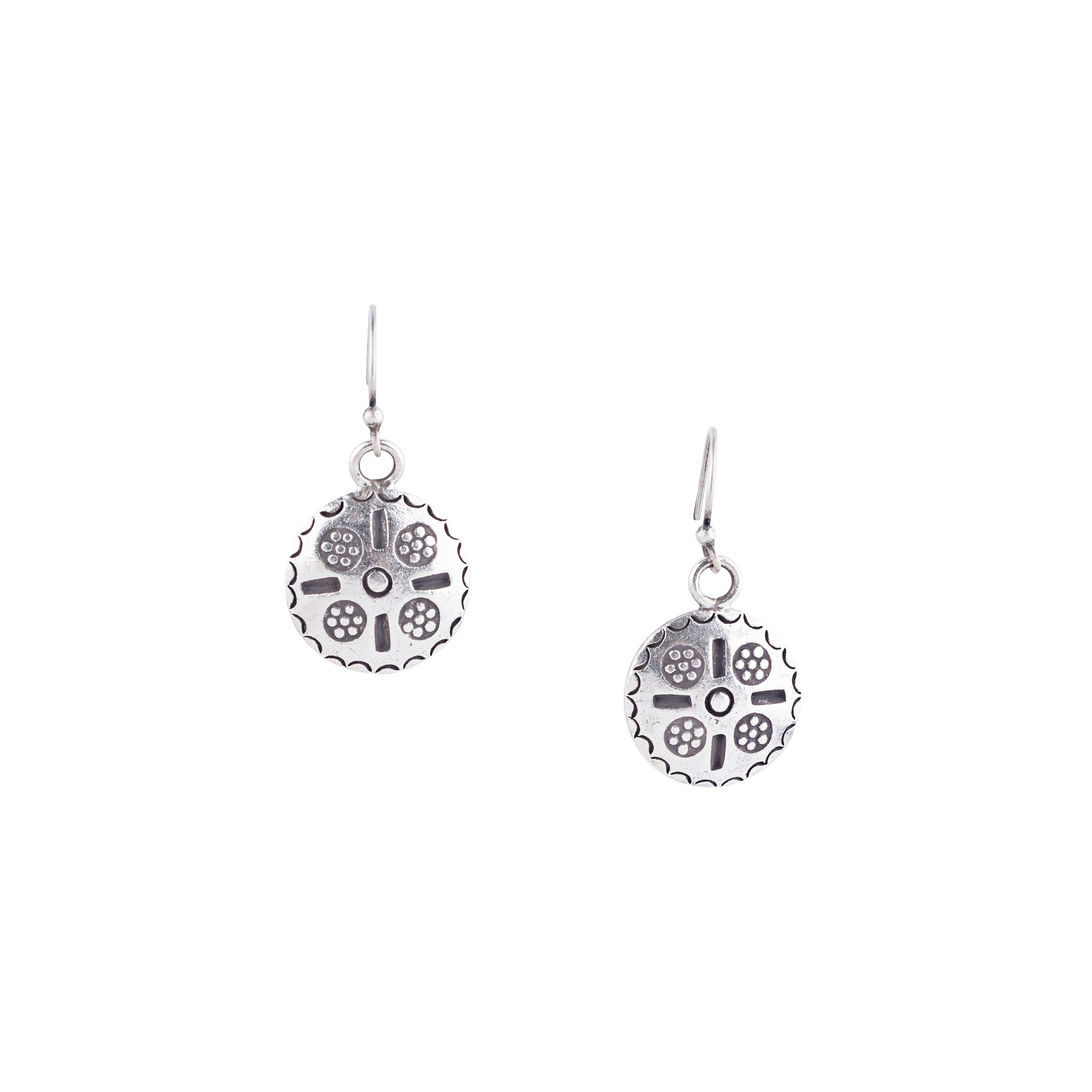Stamped sterling silver flower drop earrings with textured floral design 