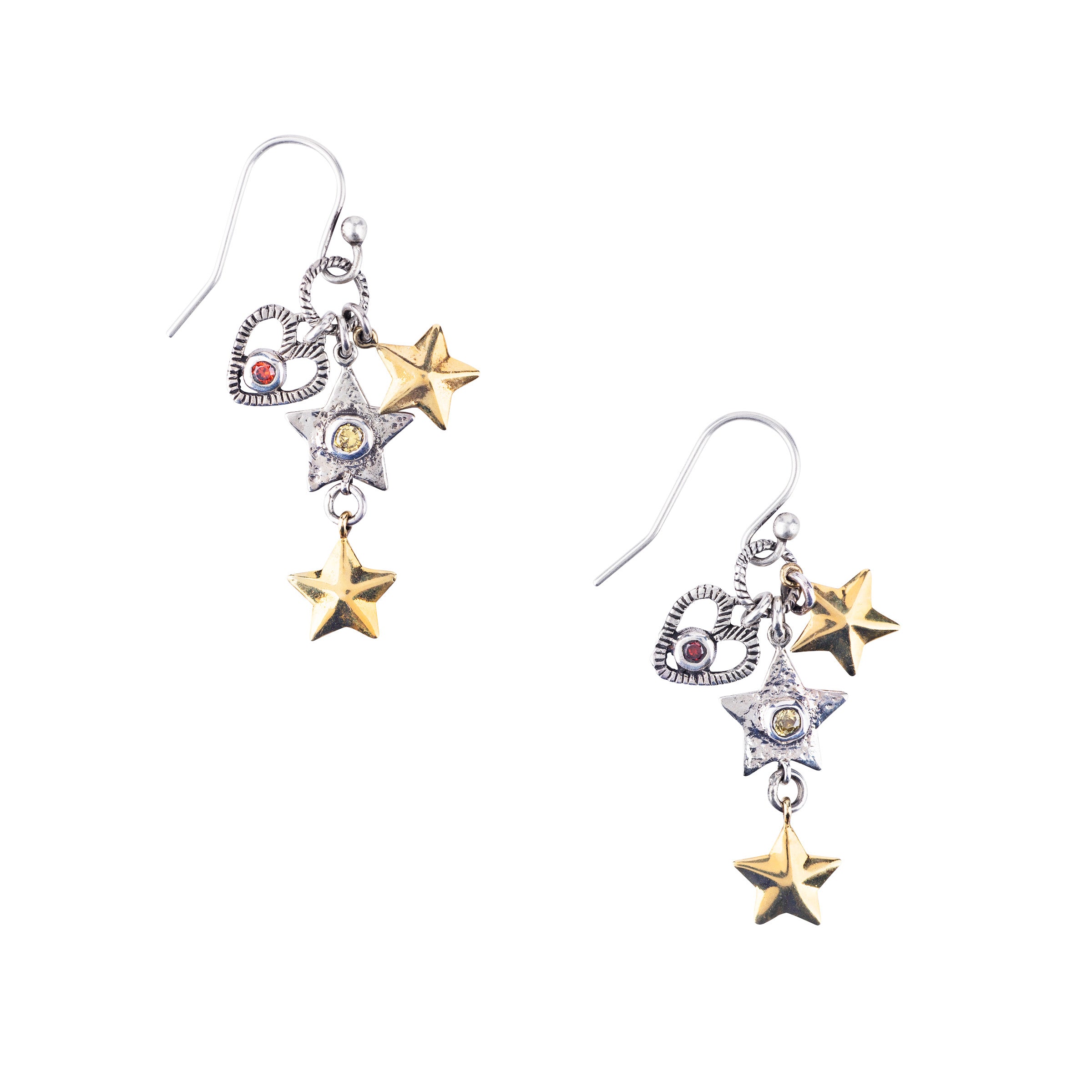 Heart and star drop earrings with brass, sterling silver and colorful glass beads