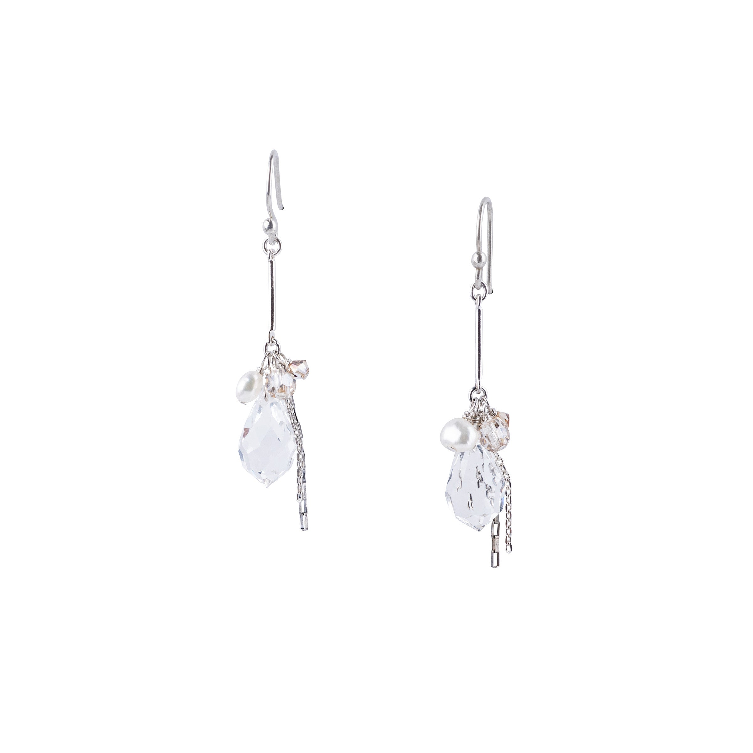 Cascading pearl and crystal drop earrings with sterling silver hooks and airy layered design