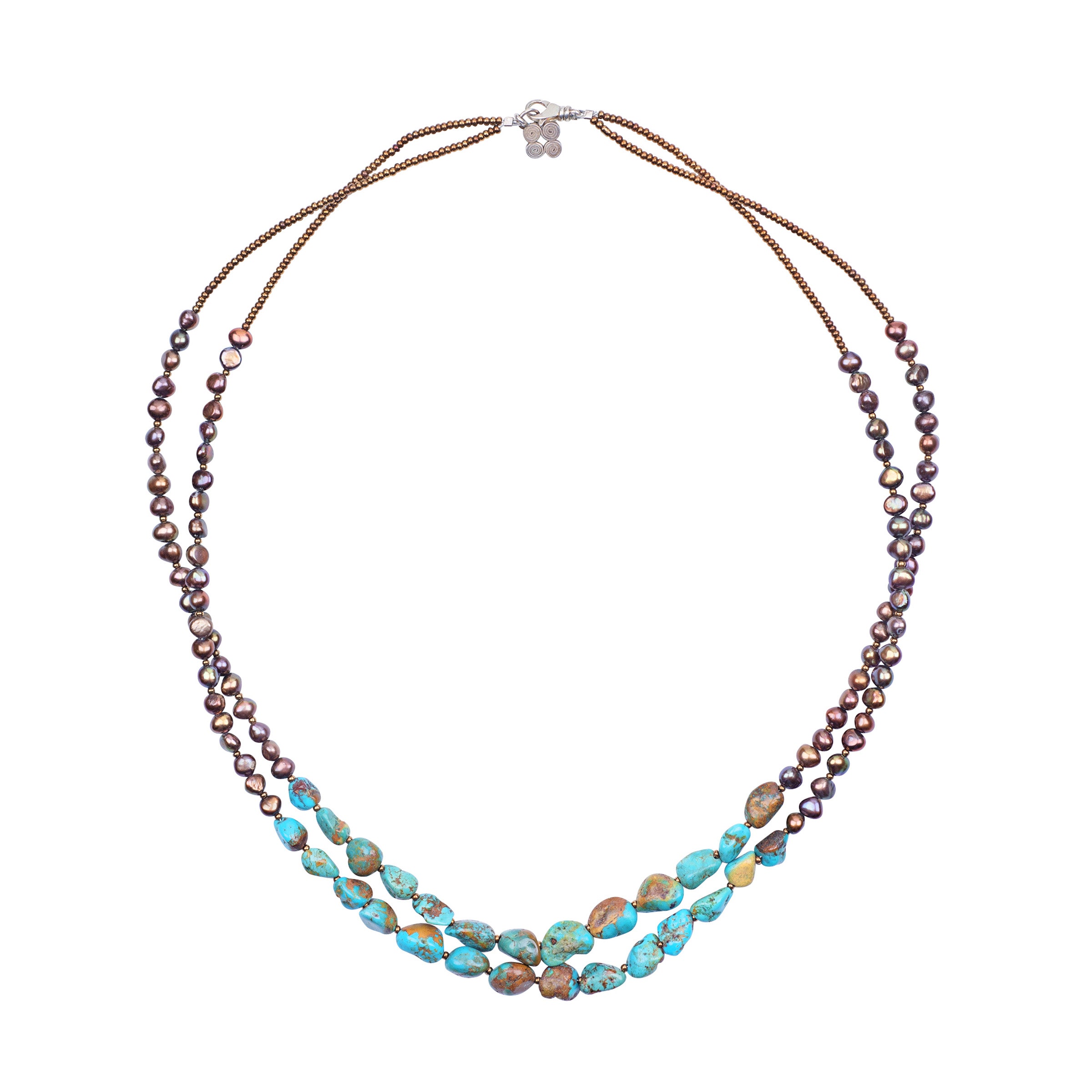 Two strand necklace with thai silver charm at clasp, pearl, turquoise and glass seed beads. 