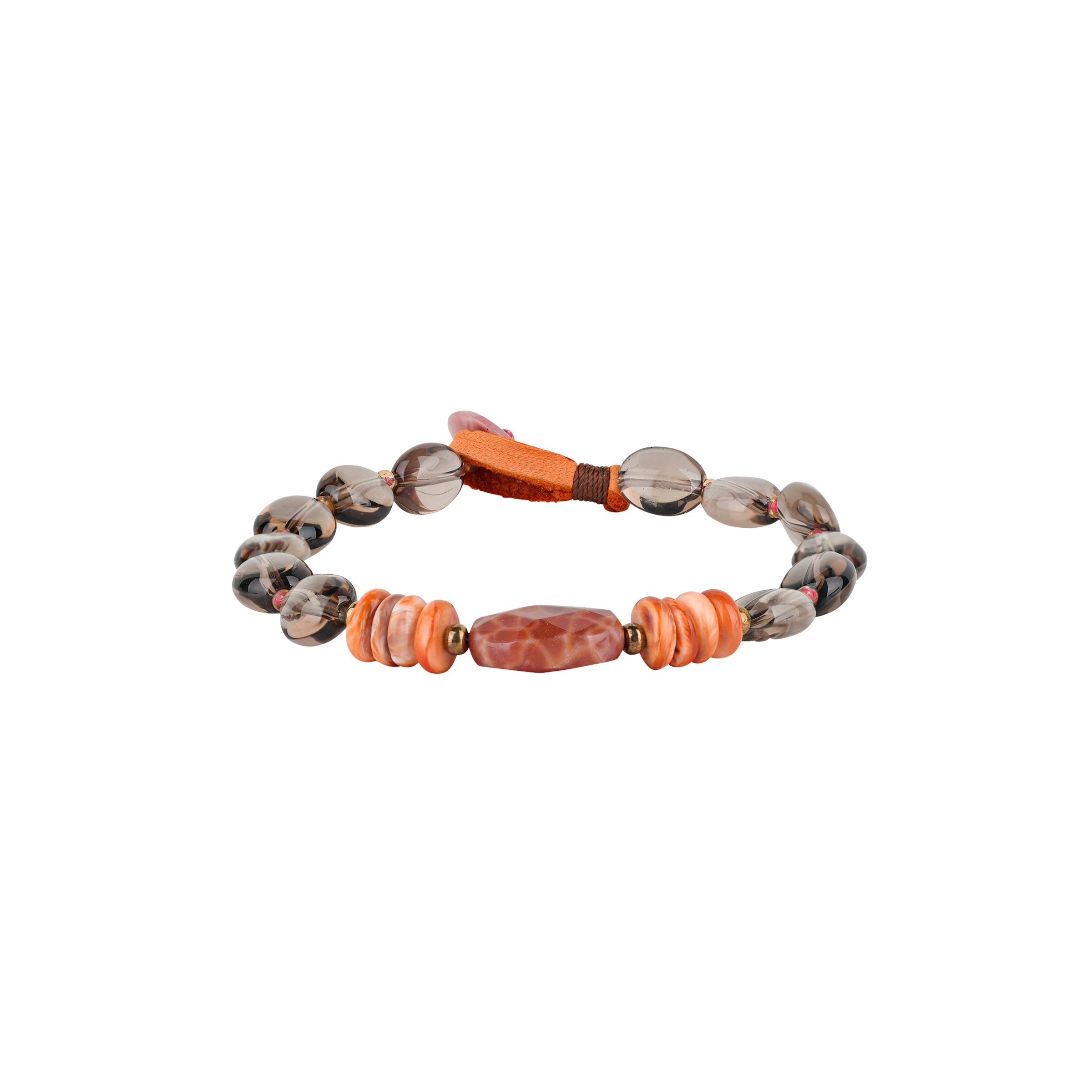 Smoky quartz and orange spiny oyster shell beaded bracelet with pink jasper button closure and deerskin leather loop side view. 