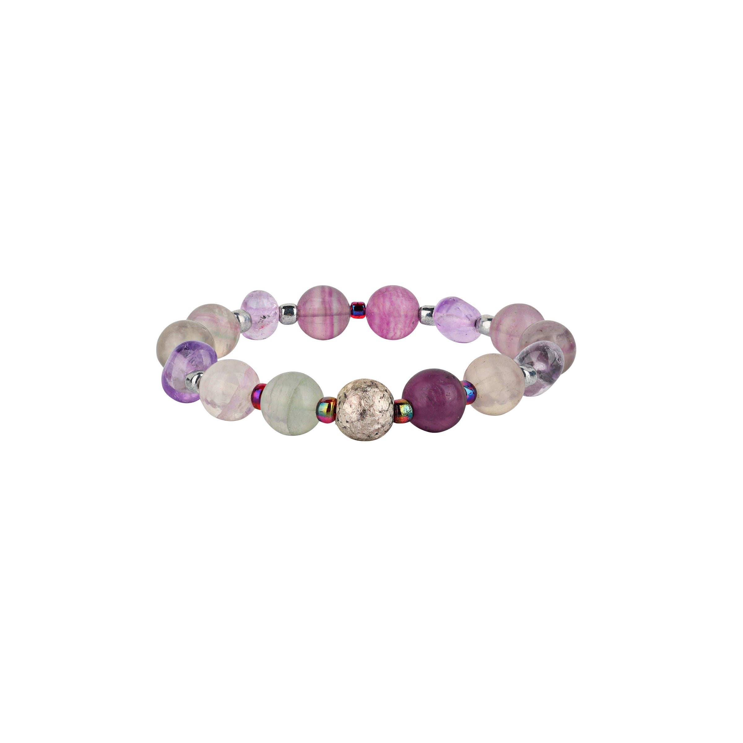 Glass, Amethyst, and Fluorite beaded stretch bracelet in Purple's and milky white colors side view