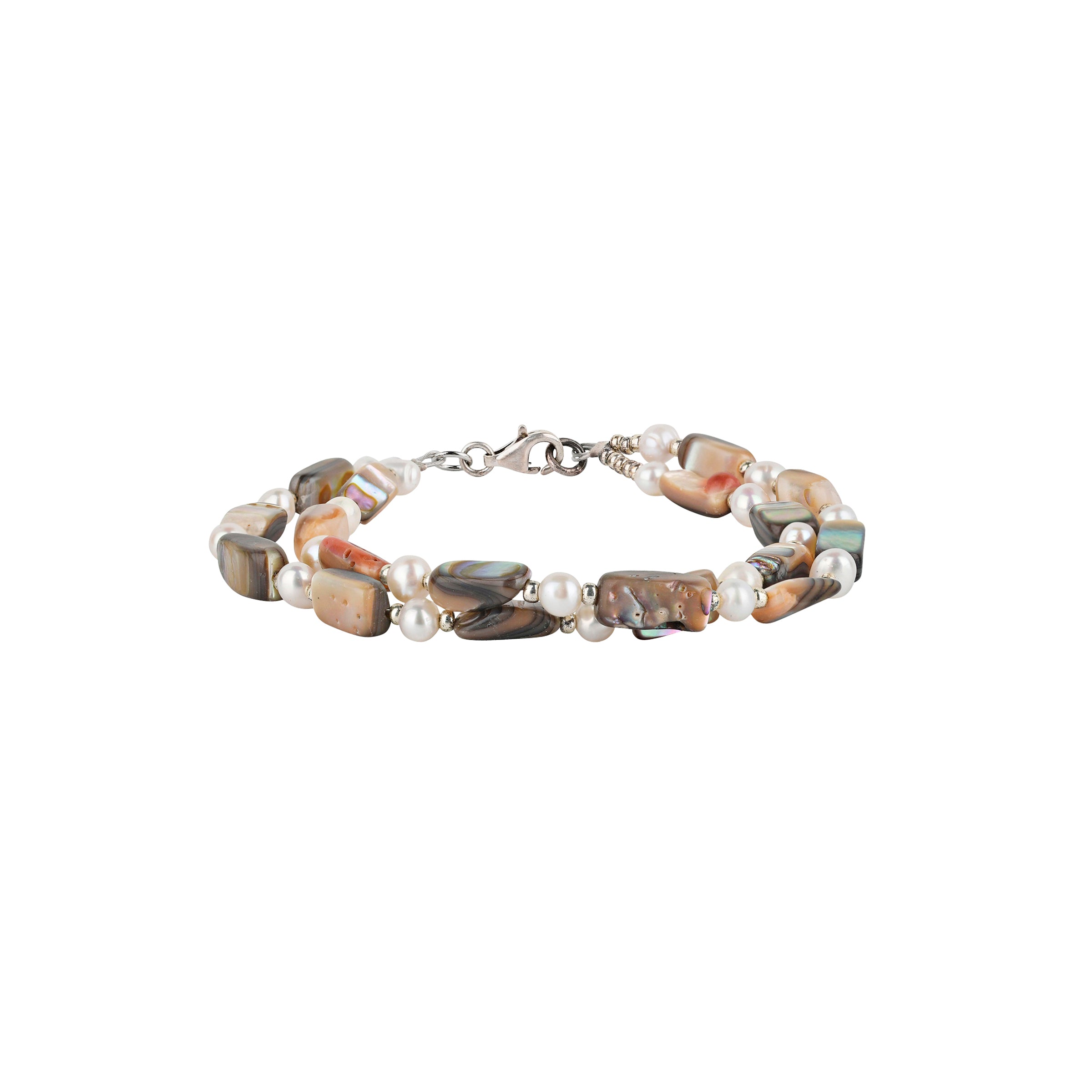 Two strand bracelet with abalone shell beads with pearls with sterling silver lobster claw clasp side view 