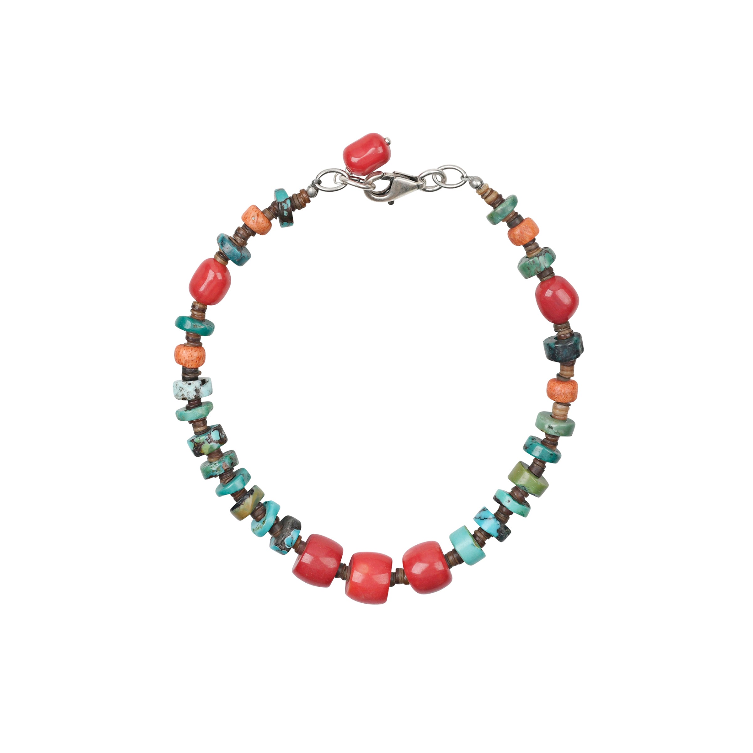 Beaded bracelet strung with red coral, blue turquoise, green turquoise, and brown shell finished with a sterling silver lobster clasp and red coral charm