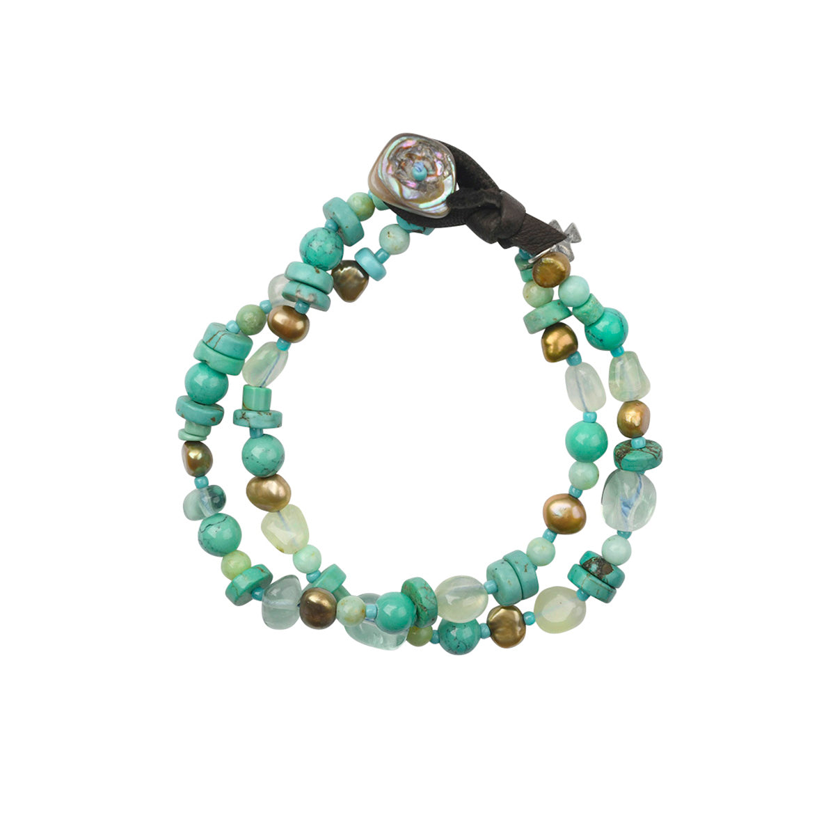 A multistrand beaded bracelet strung with Green Turquoise, Abalone, Pearl, and Prehnite, finished with soft deerskin leather
