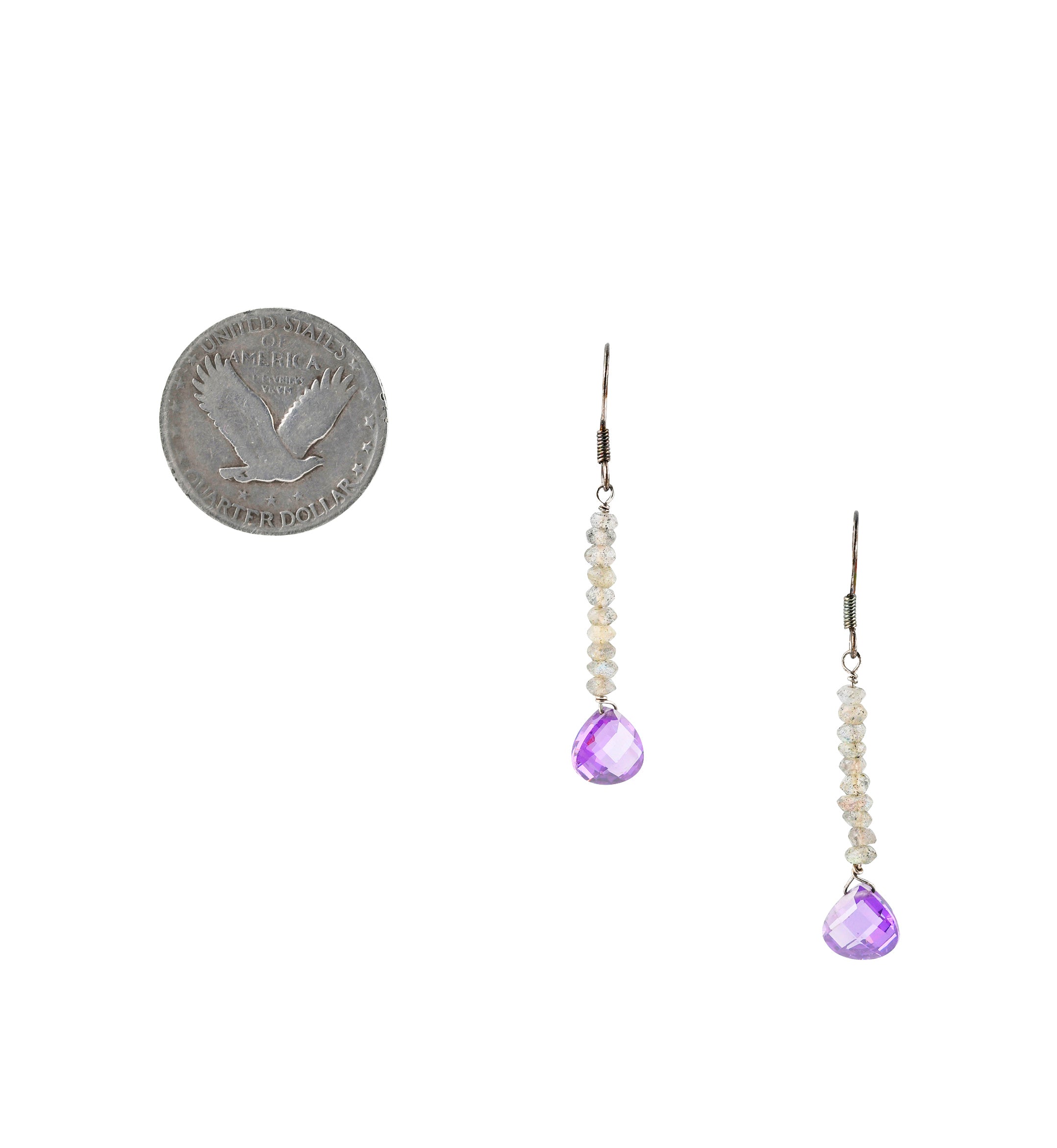 Sterling silver ear wires beaded with labradorite beads and a purple crystal teardrop bead earrings. 