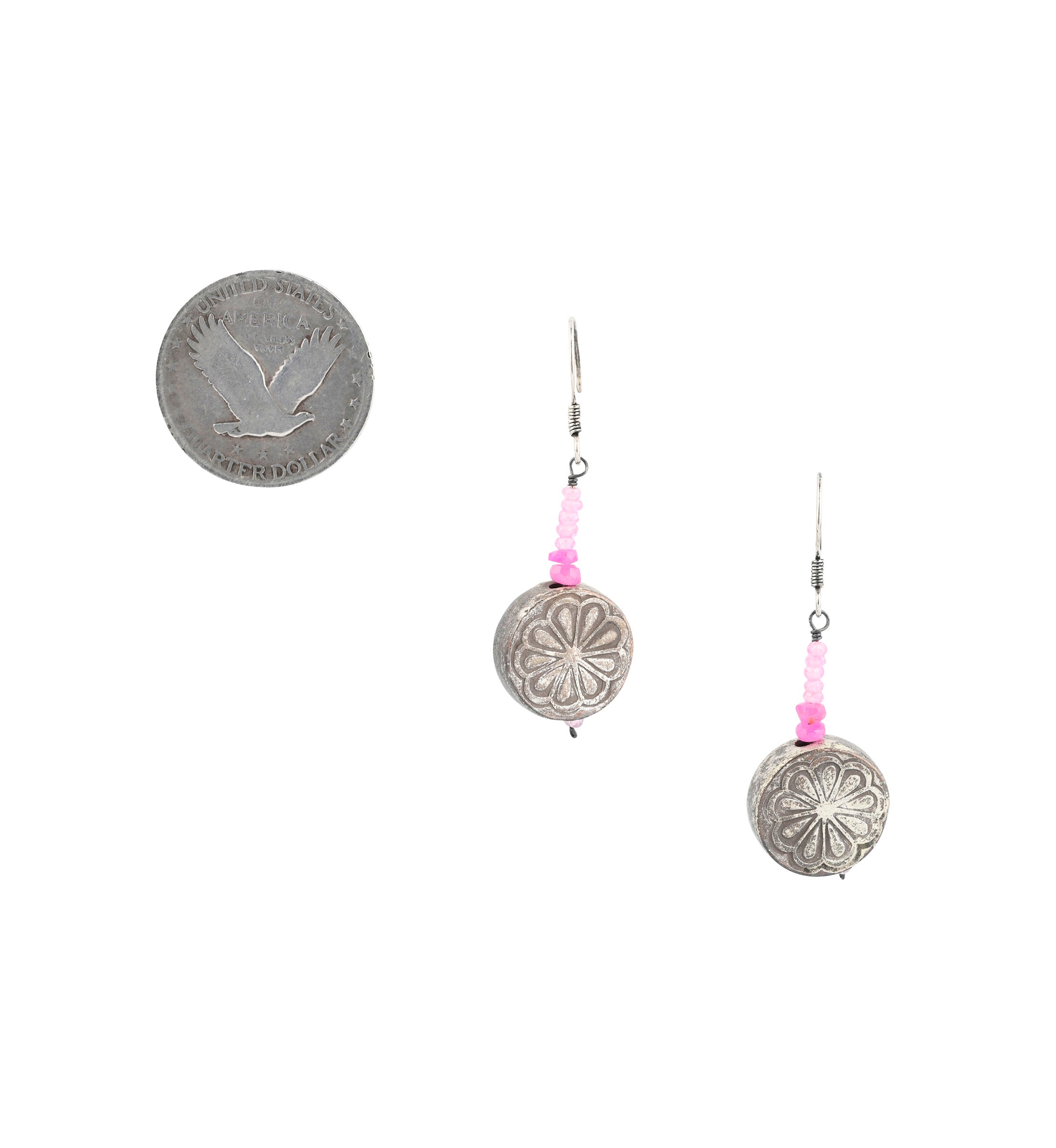 Thai Sterling silver flower charm earrings with pink coated crystal ruby beads hand of sterling silver ear wires these earrings sit next to coin for scale