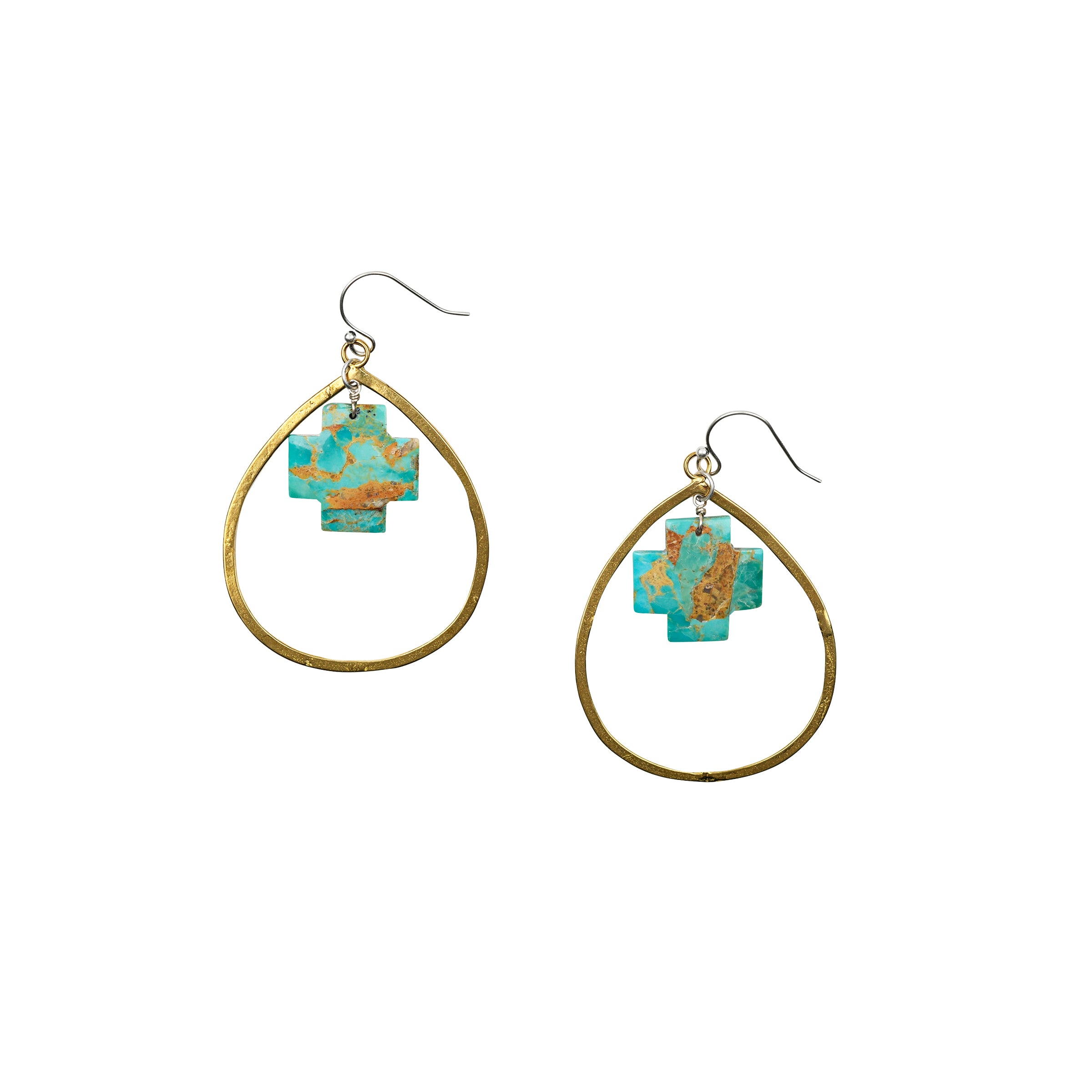 Pair of teardrop earrings made of brass featuring Turquoise square crosses as the centerpiece