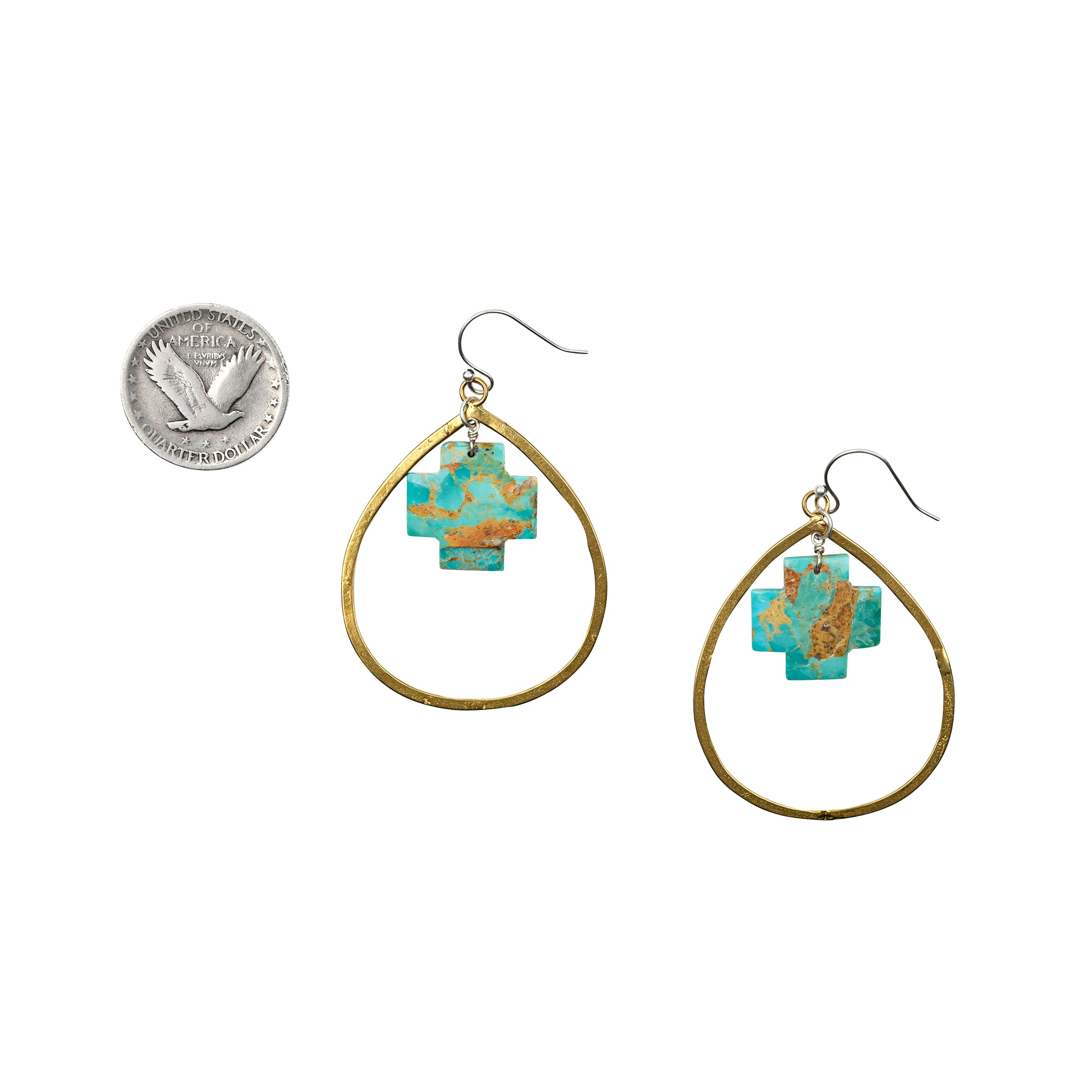 Pair of teardrop earrings made of brass featuring Turquoise square crosses as the centerpiece