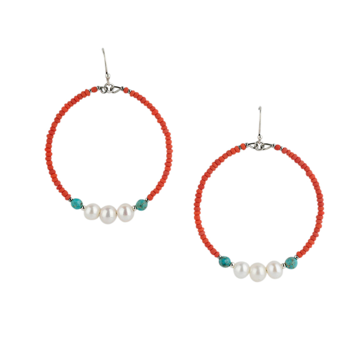 Sterling silver hoop earrings with turquoise and pearl bead accents.