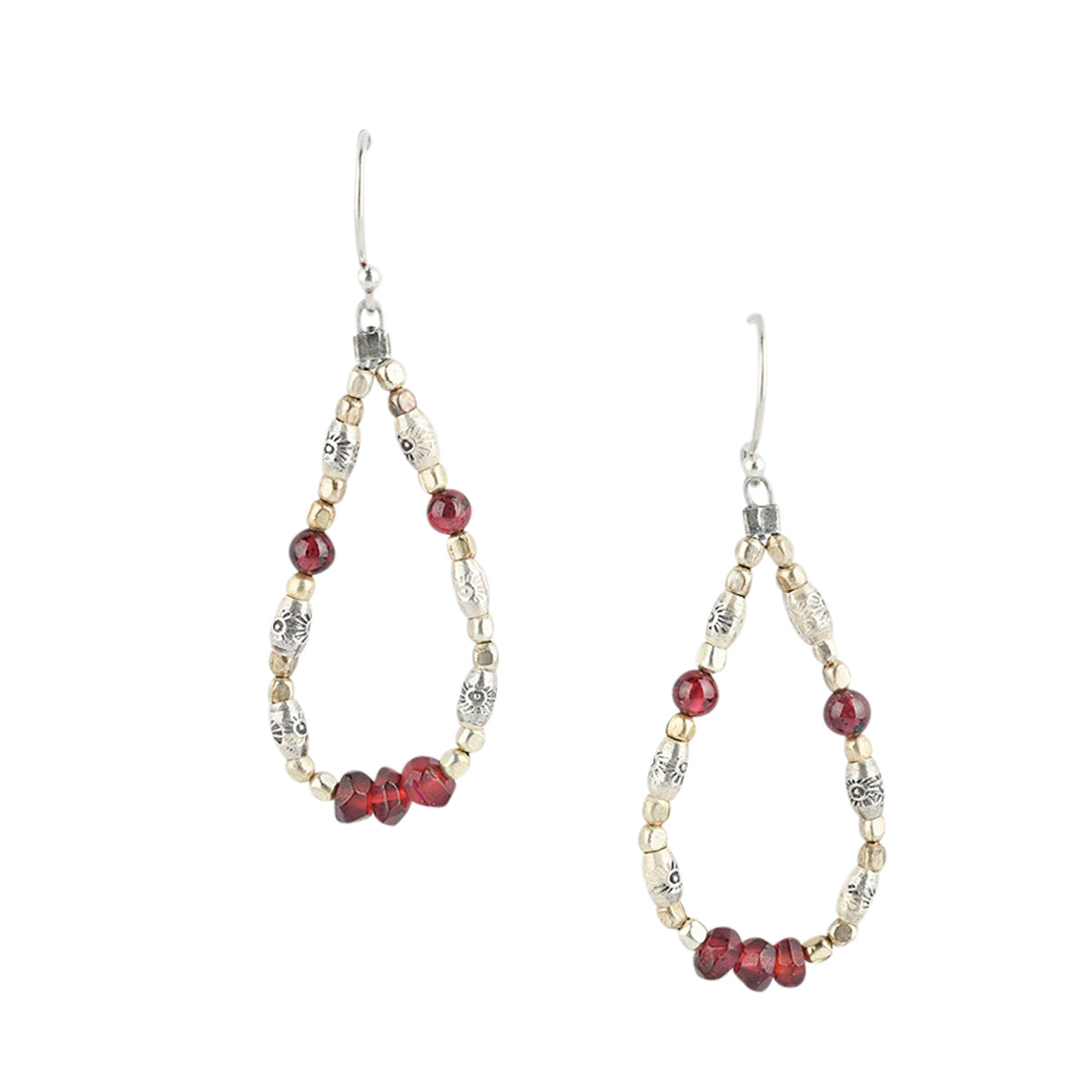 Sterling silver drop earrings with garnet stone accents and elegant teardrop shape