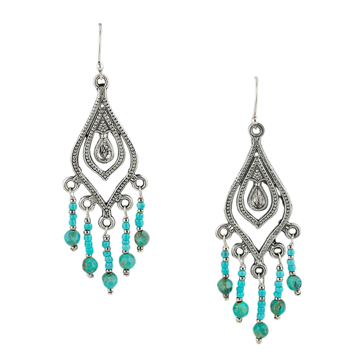 Sterling silver chandelier earrings with turquoise stone accents and layered drop design 