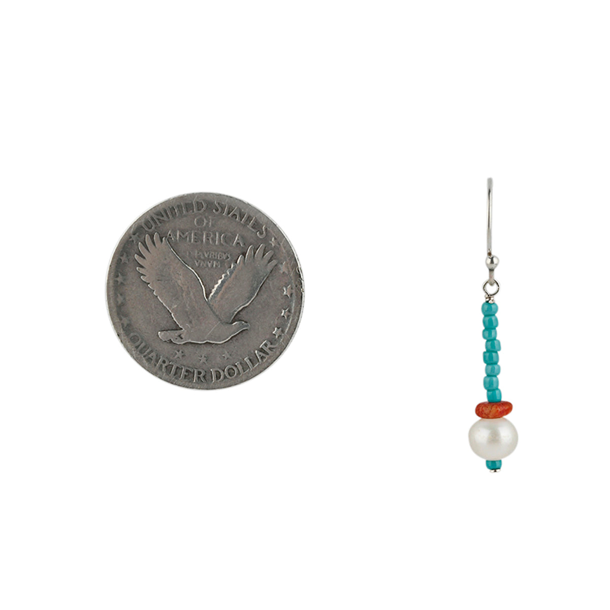 Sterling silver drop earrings with turquoise beads, coral accent and pearl drop.