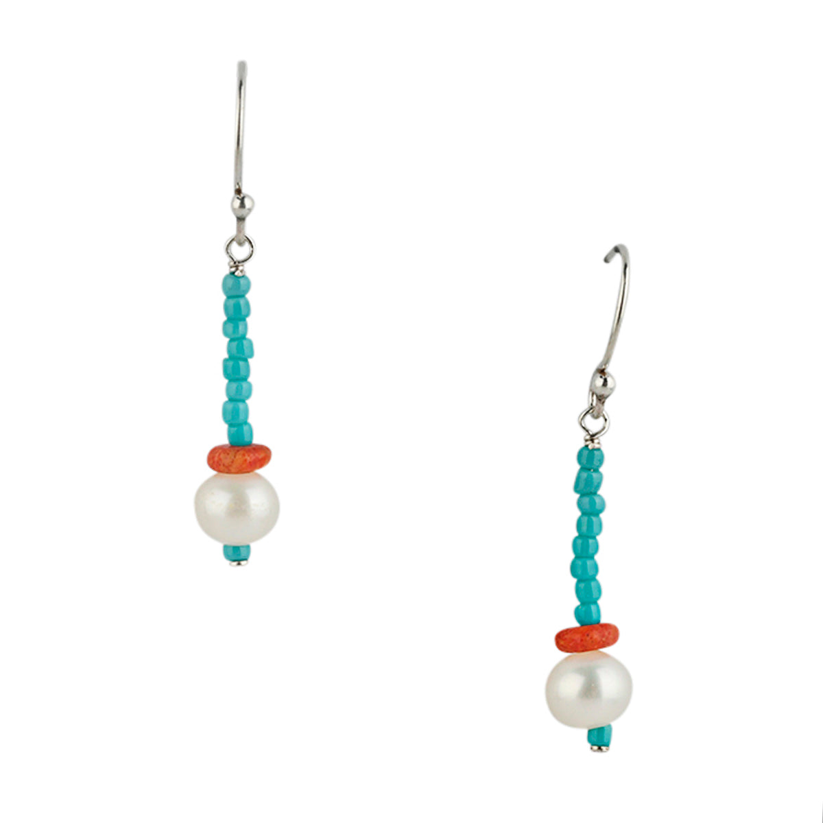 Sterling silver drop earrings with turquoise beads, coral accent and pearl drop.