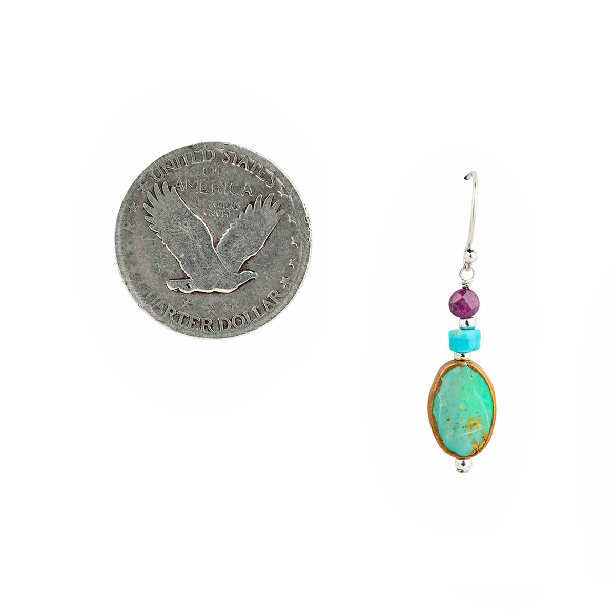 Pair of beaded dangle earrings strung with green turquoise, blue turquoise, and ruby