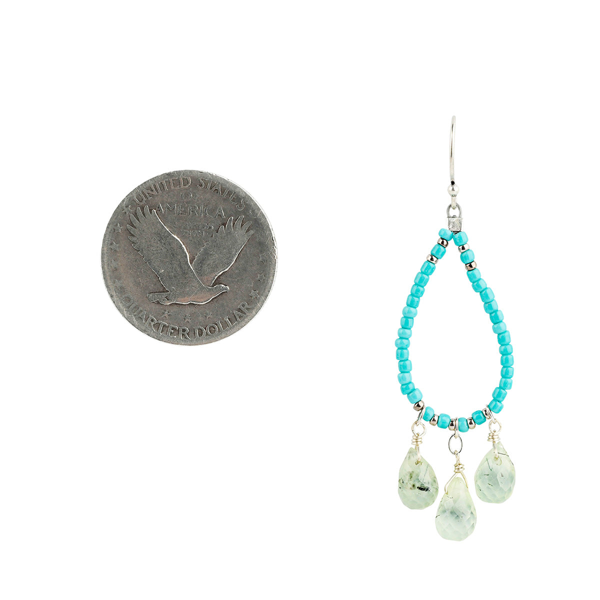 Beaded teardrop earring strung with turquoise seed beads and drops of prehnite