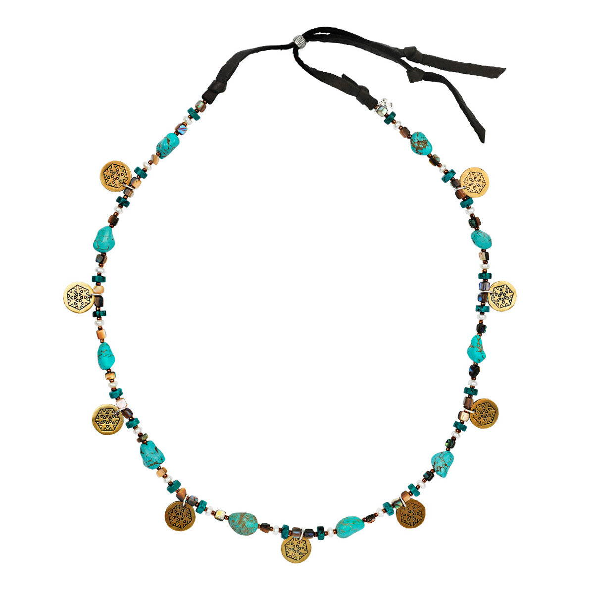 Beaded hatband strung with turquoise, abalone, freshwater pearl featuring coin charms with a geometric pattern on soft deerskin leather topped with a sterling silver slider bead for an adjustable fit.