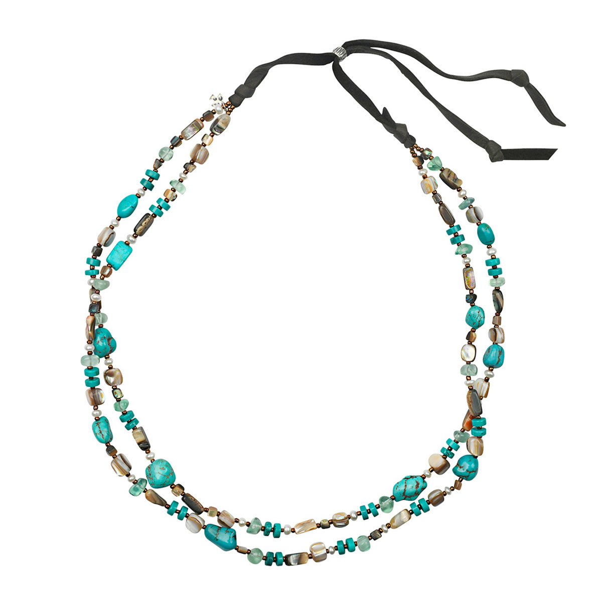 Multistrand hatband strung with turquoise, abalone, prehnite, pearl, and glass seed beads on soft deerskin leather topped with a sterling silver slider bead for an adjustable fit.