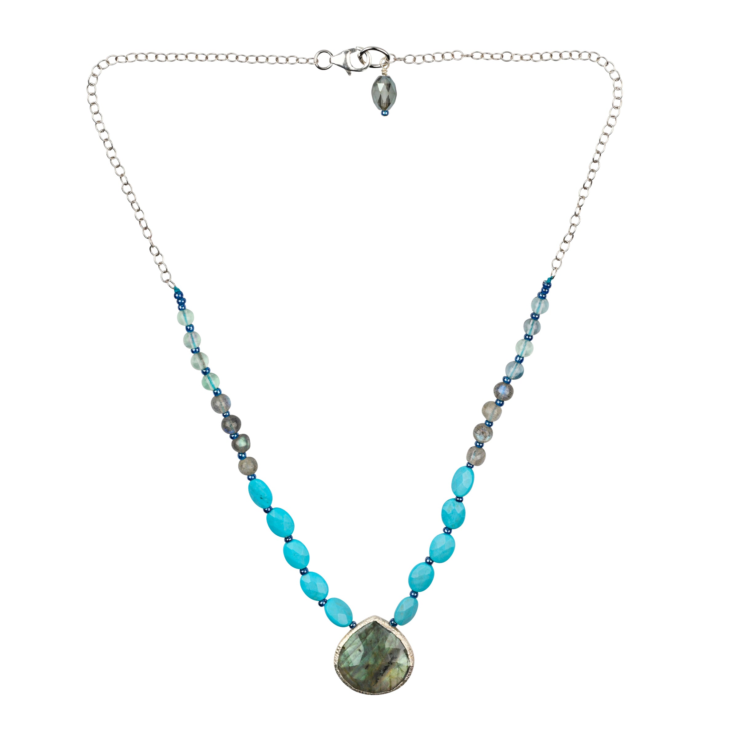 Sterling silver chain and labradorite charm focal point necklace. 