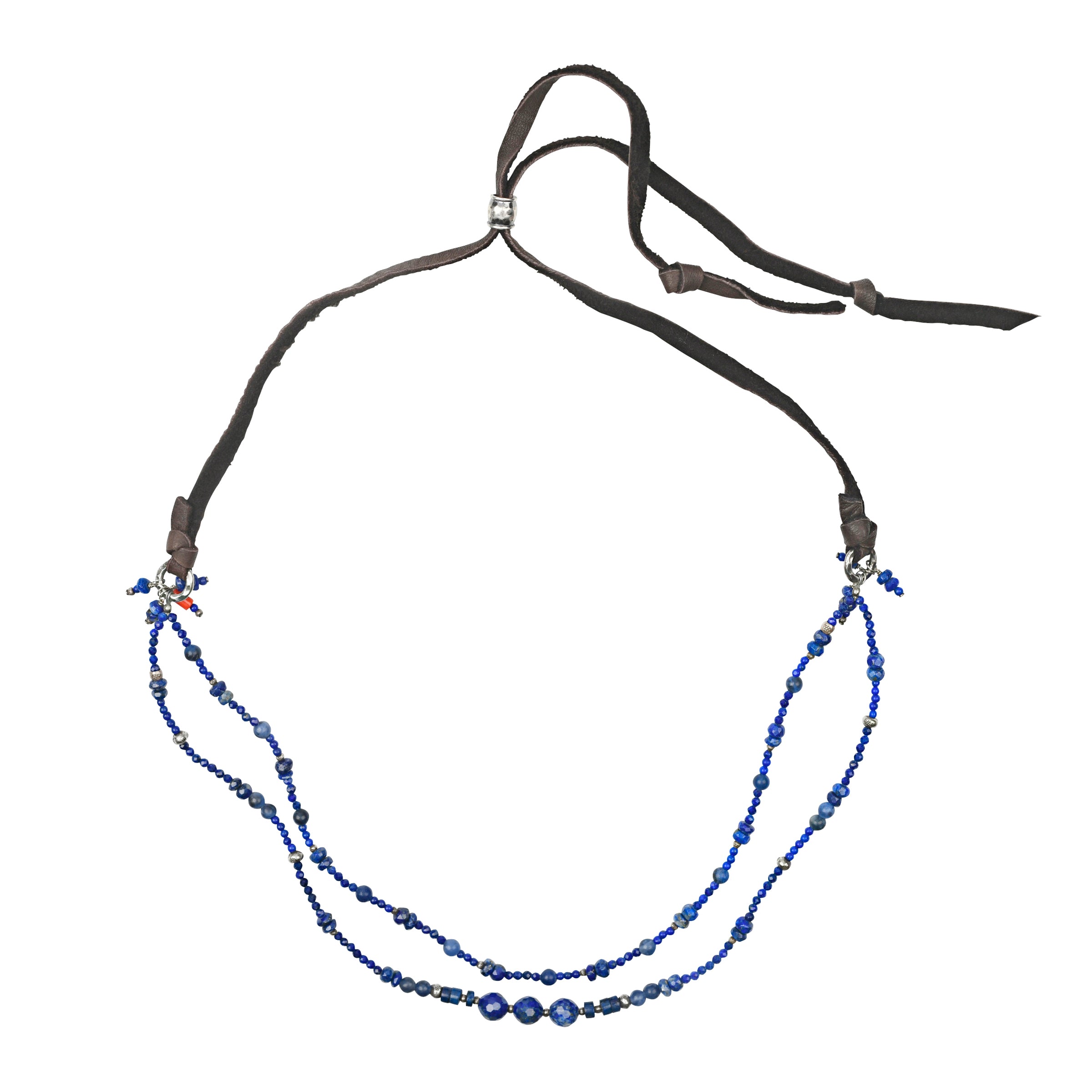 Beaded necklace of Lapis and Red Coral strung on deerskin leather.