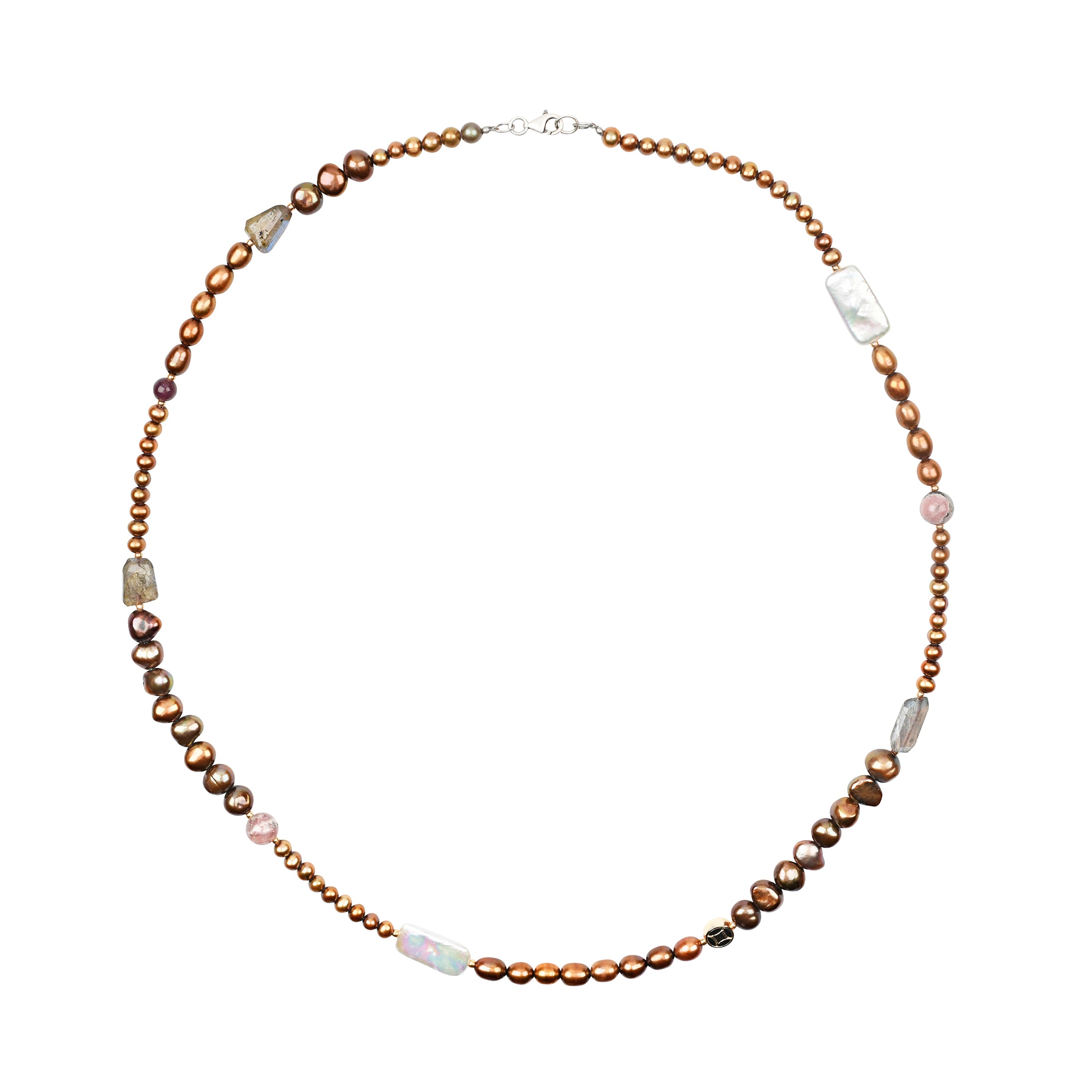 Beaded necklace strung with Freshwater Pearl, Rhodochrosite, Labradorite, Golden Pearls, Gold Tone Accent Bead