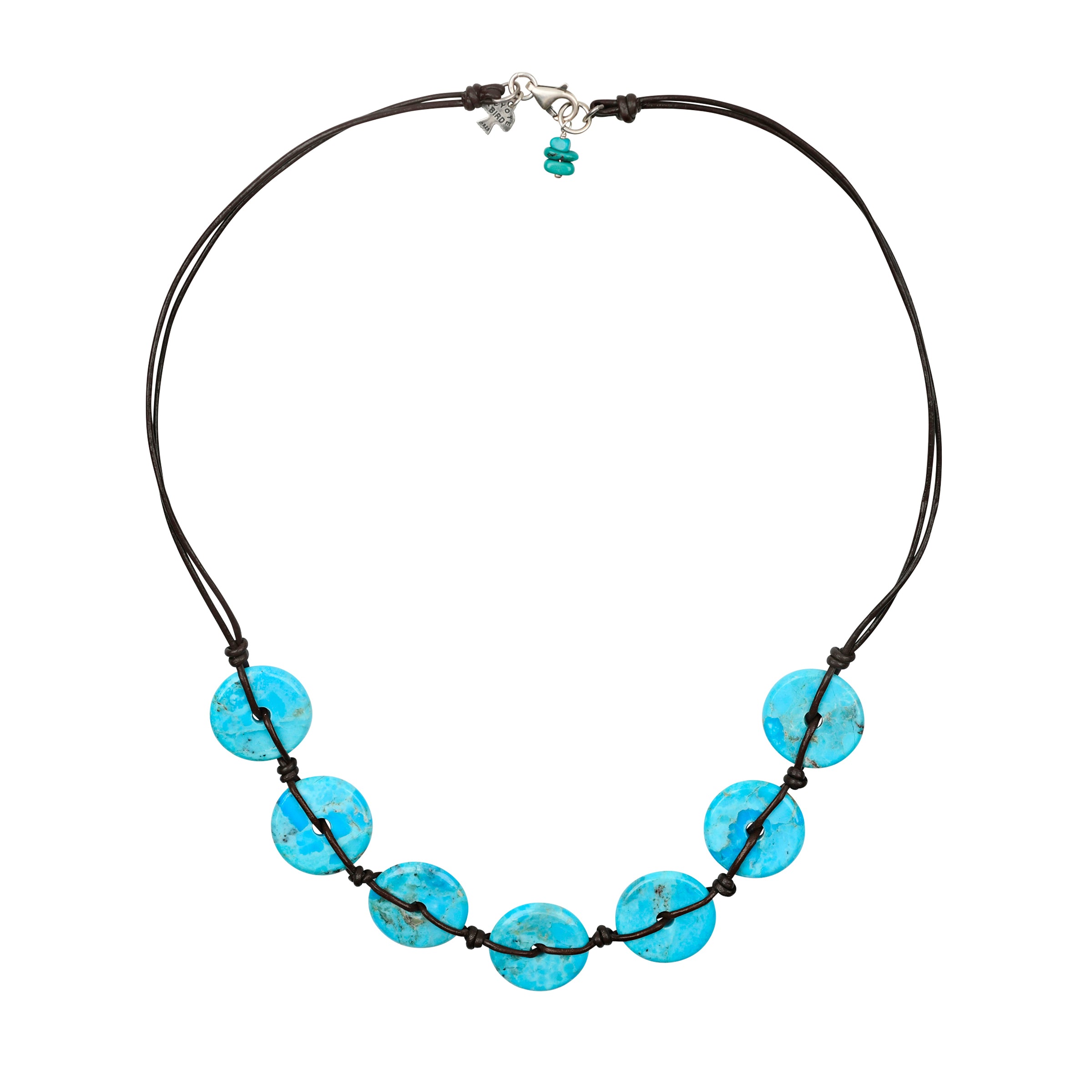 A beaded necklace of disks of blue turquoise woven in lather cord