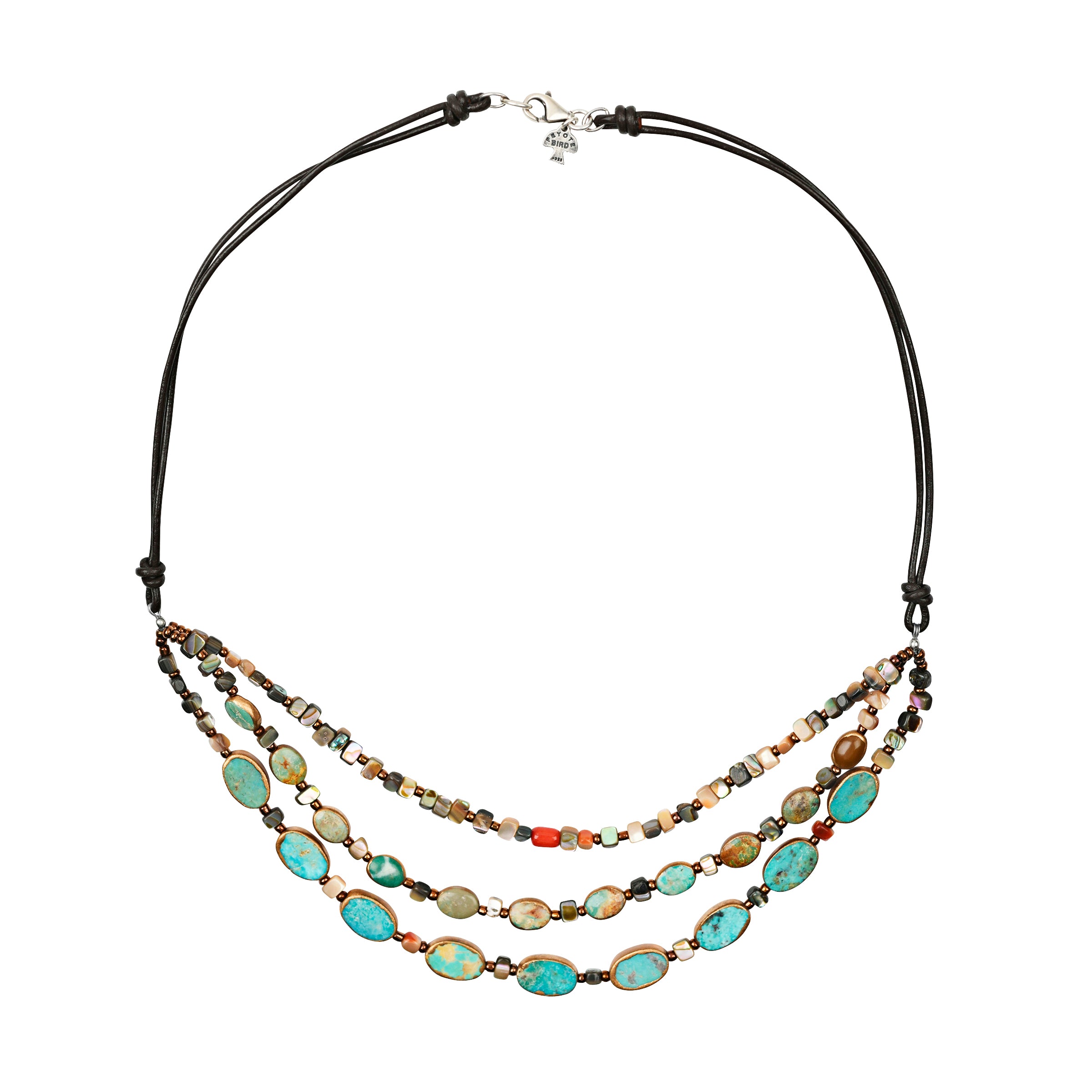 A multistrand beaded necklace beaded with turquoise, abalone, and red coral strung on leather