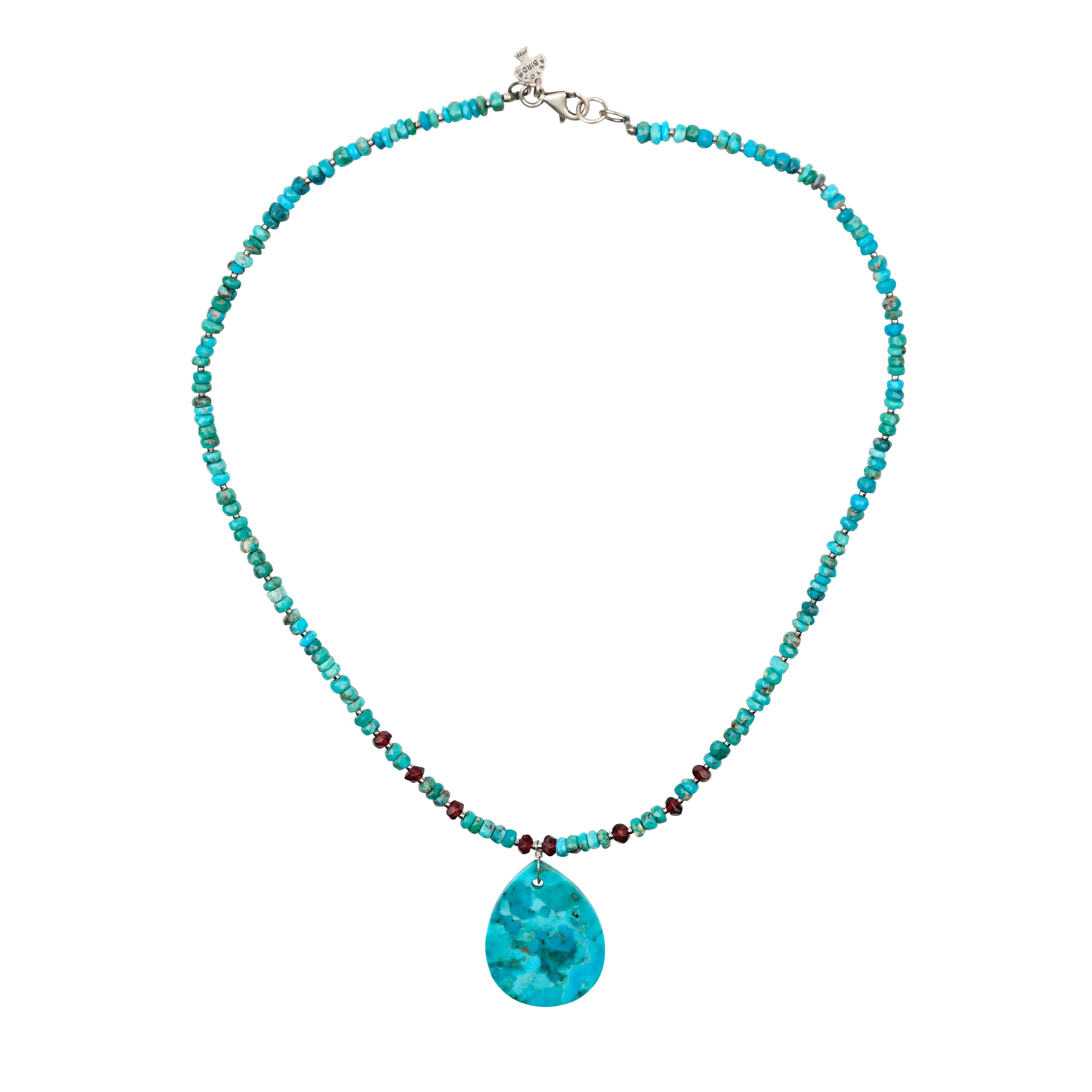 Turquoise beaded necklace featuring garnet accent beading and a teardrop turquoise pendant