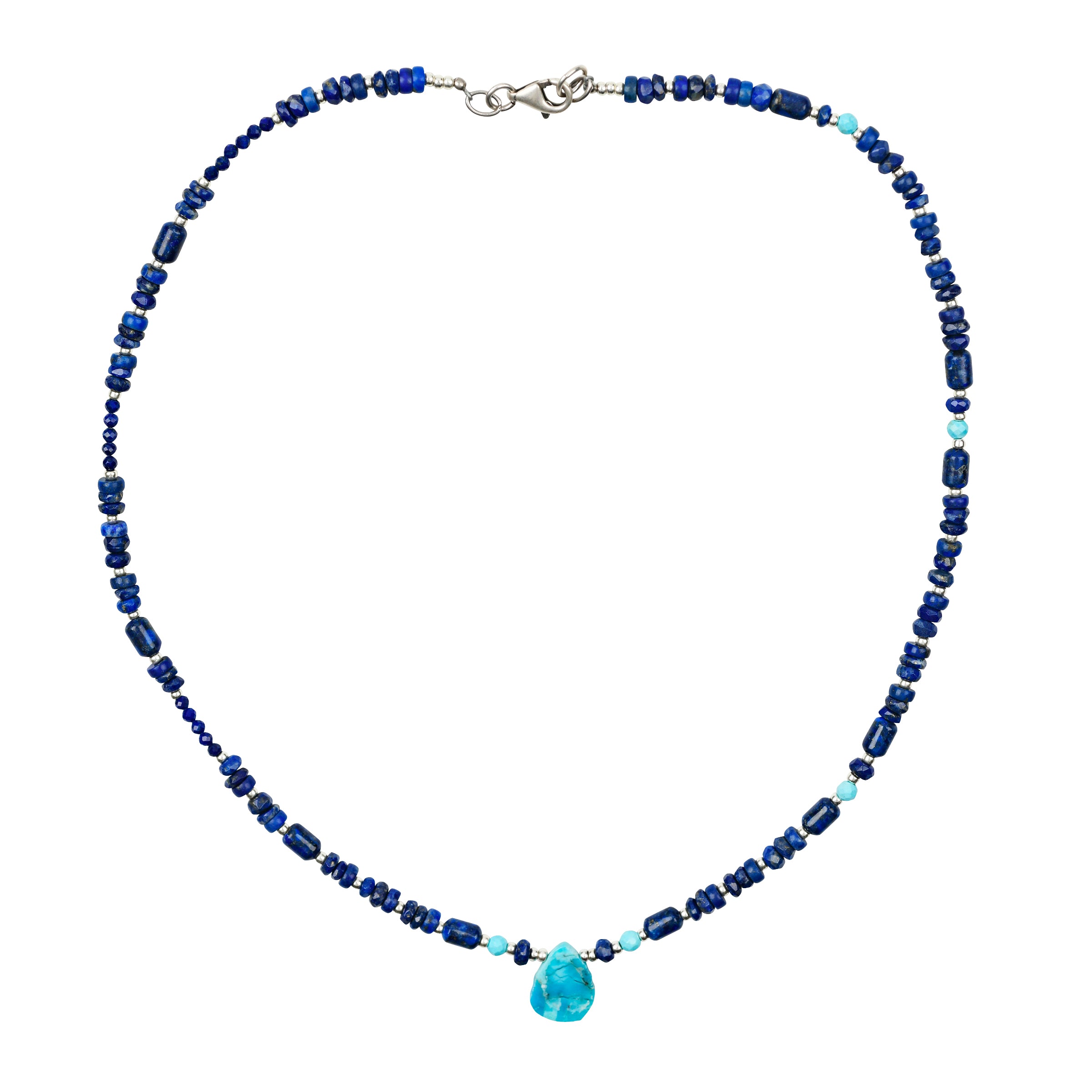 A beaded necklace strung with Lapis and Blue Turquoise beading featuring a teardrop pendant of Turquoise