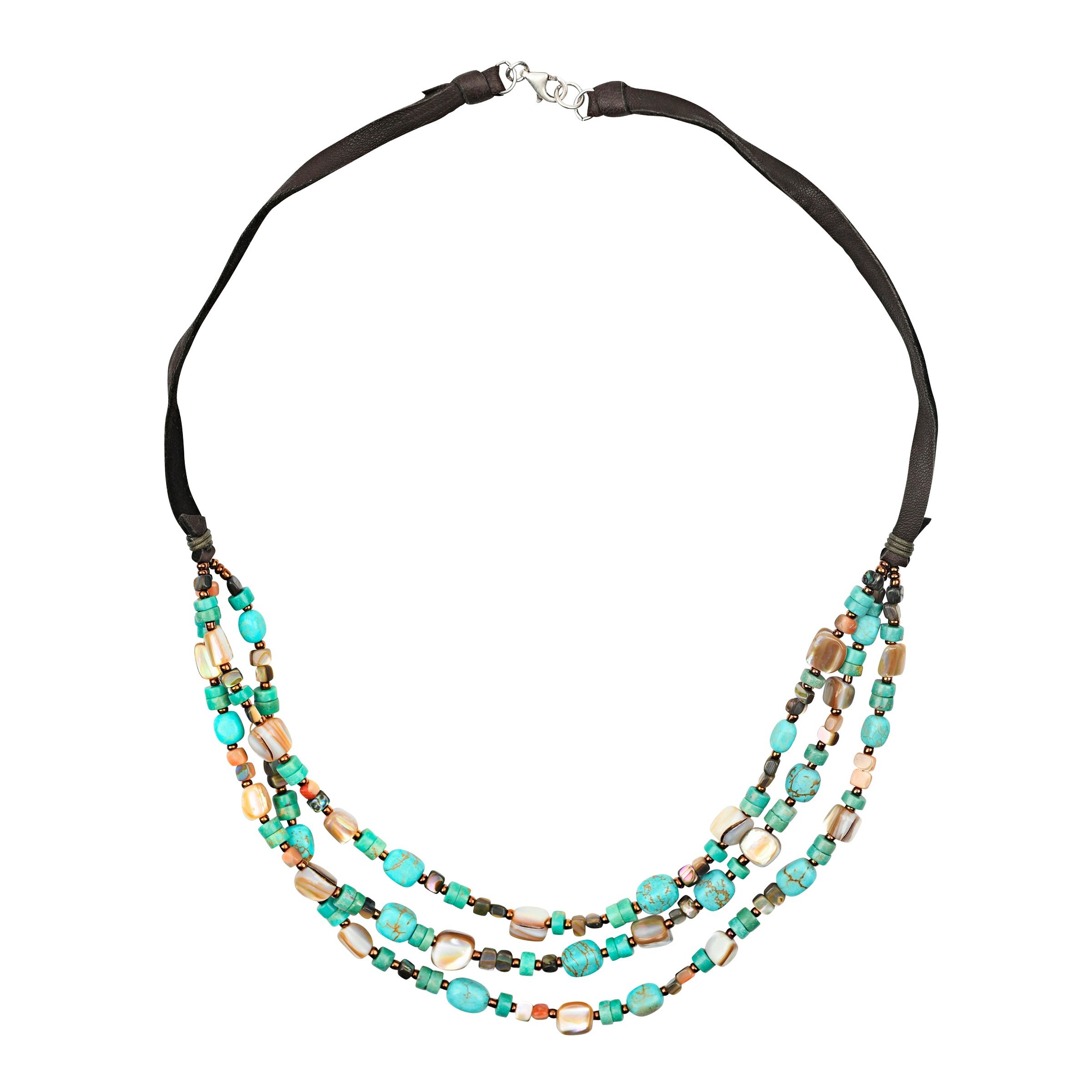 A multistrand beaded necklace strung with Blue Turquoise, Green Turquoise, and Abalone on deerskin leather