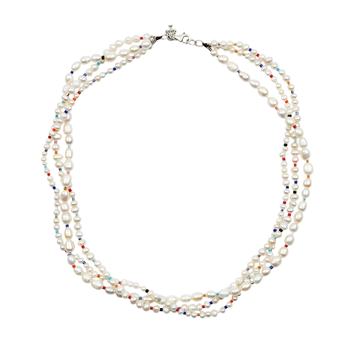 Multi-strand pearl necklace with colorful beads on a white background