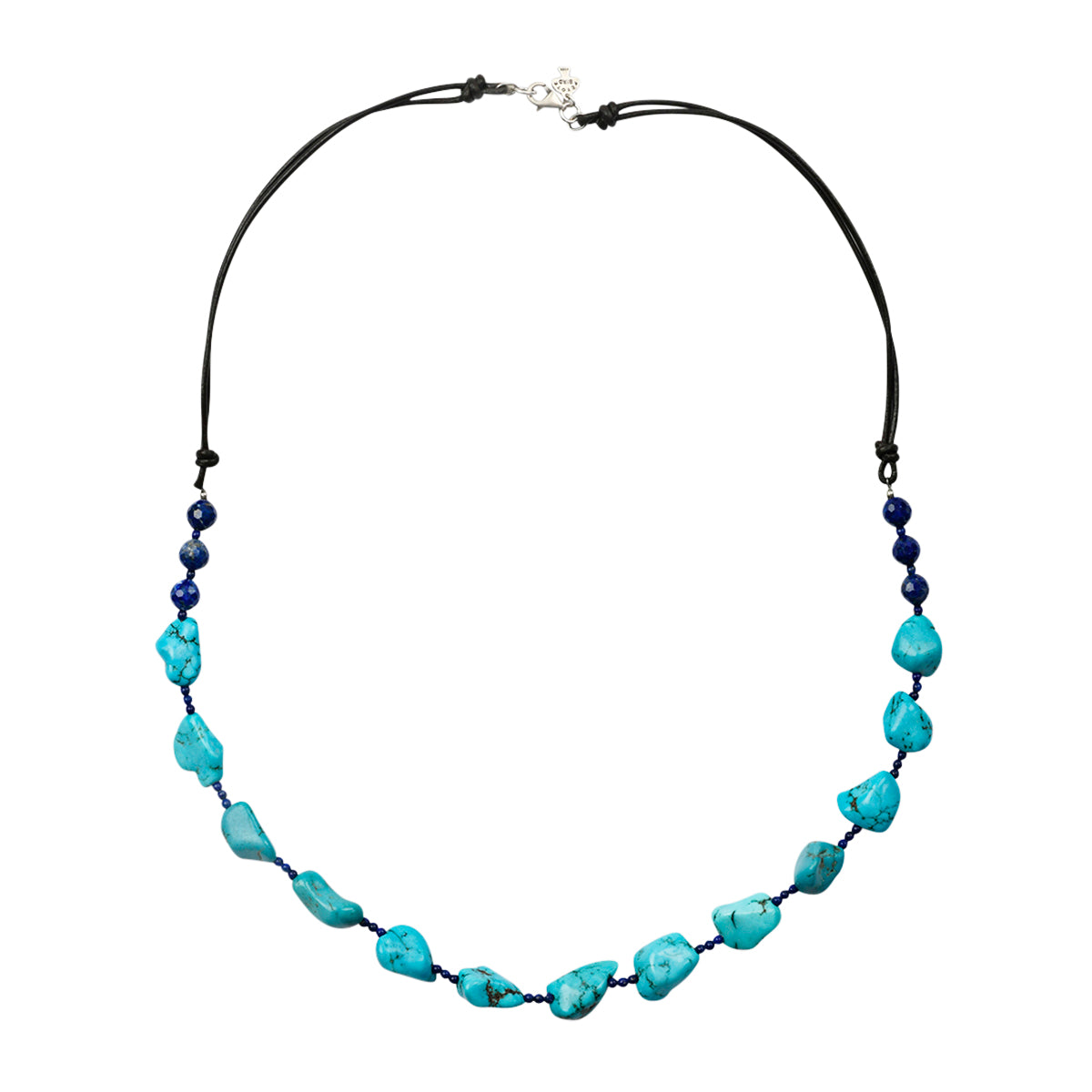 Beaded necklace strung with Turquoise and Lapis on leather