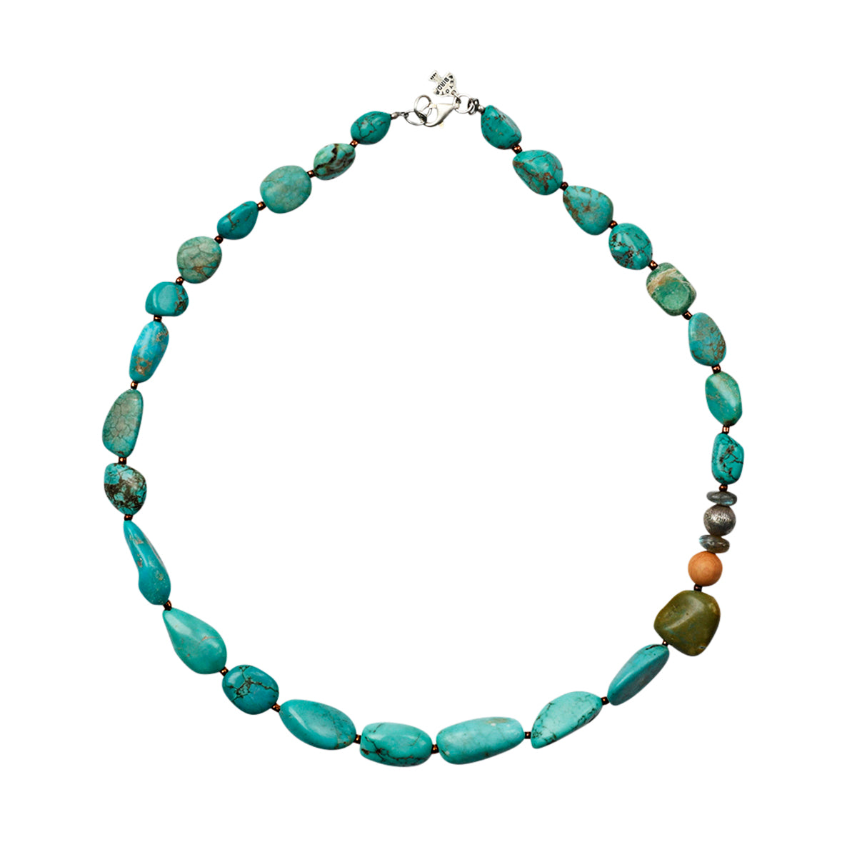 Beaded statement necklace strung with blue turquoise, green turquoise, wood, and seed beads