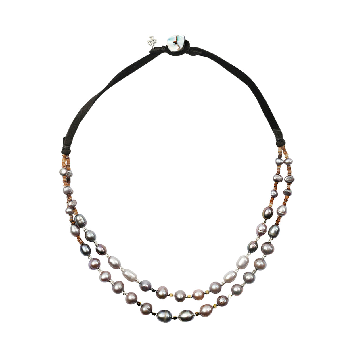 Multistrand beaded necklace strung with freshwater pearl, brown shell on leather finished with an abalone toggle