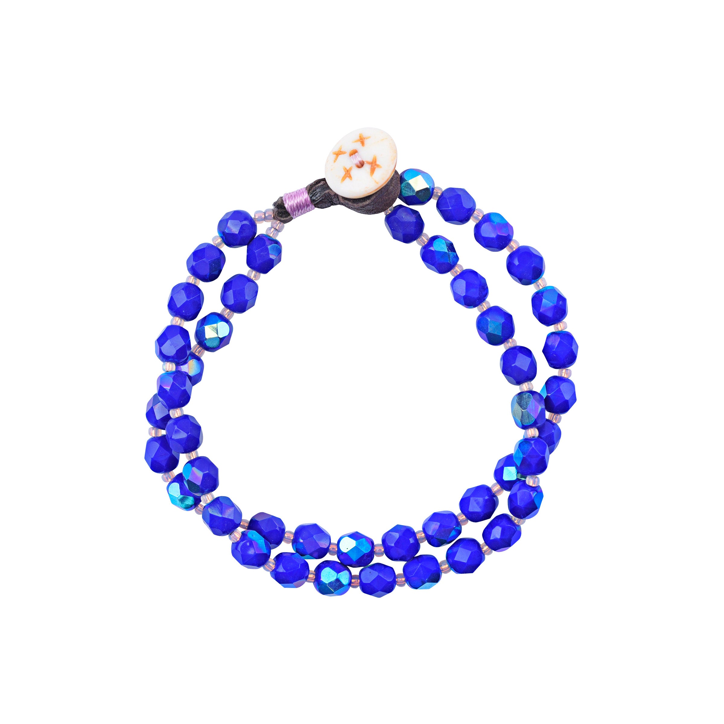 two strand bright blue beaded bracelet with white bone button and leather loop. 