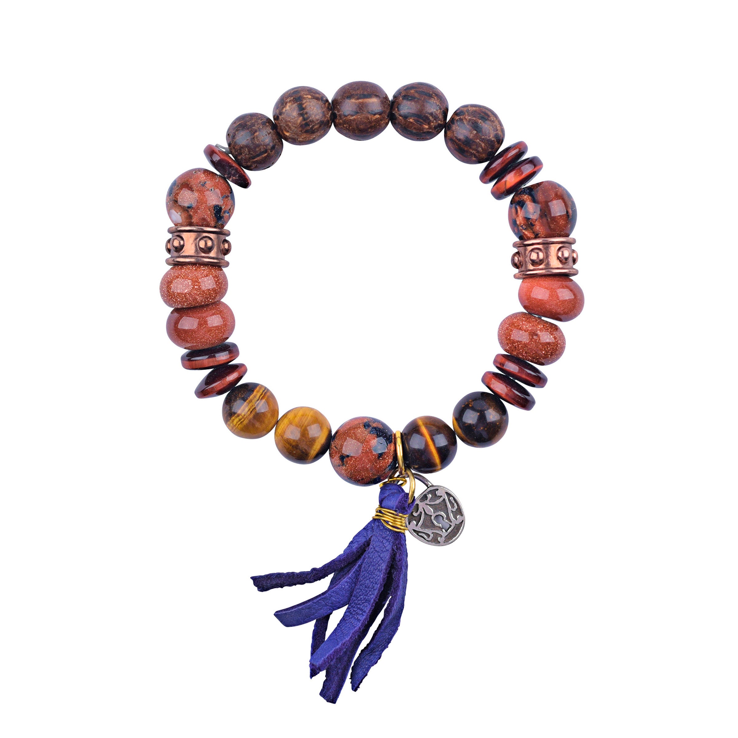 stretch bracelet with blue leather tassel and Gold Stone, Brass, Copper, Wood, Tigers Eye beads in large sizes