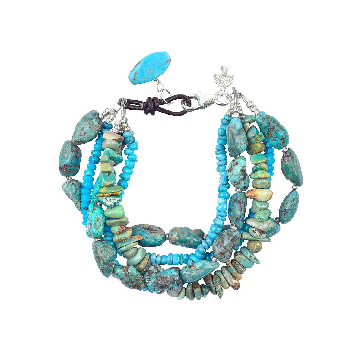 5 strand turquoise bracelet with goat leather loop for sterling silver lobster claw and turquoise nugget charm. 