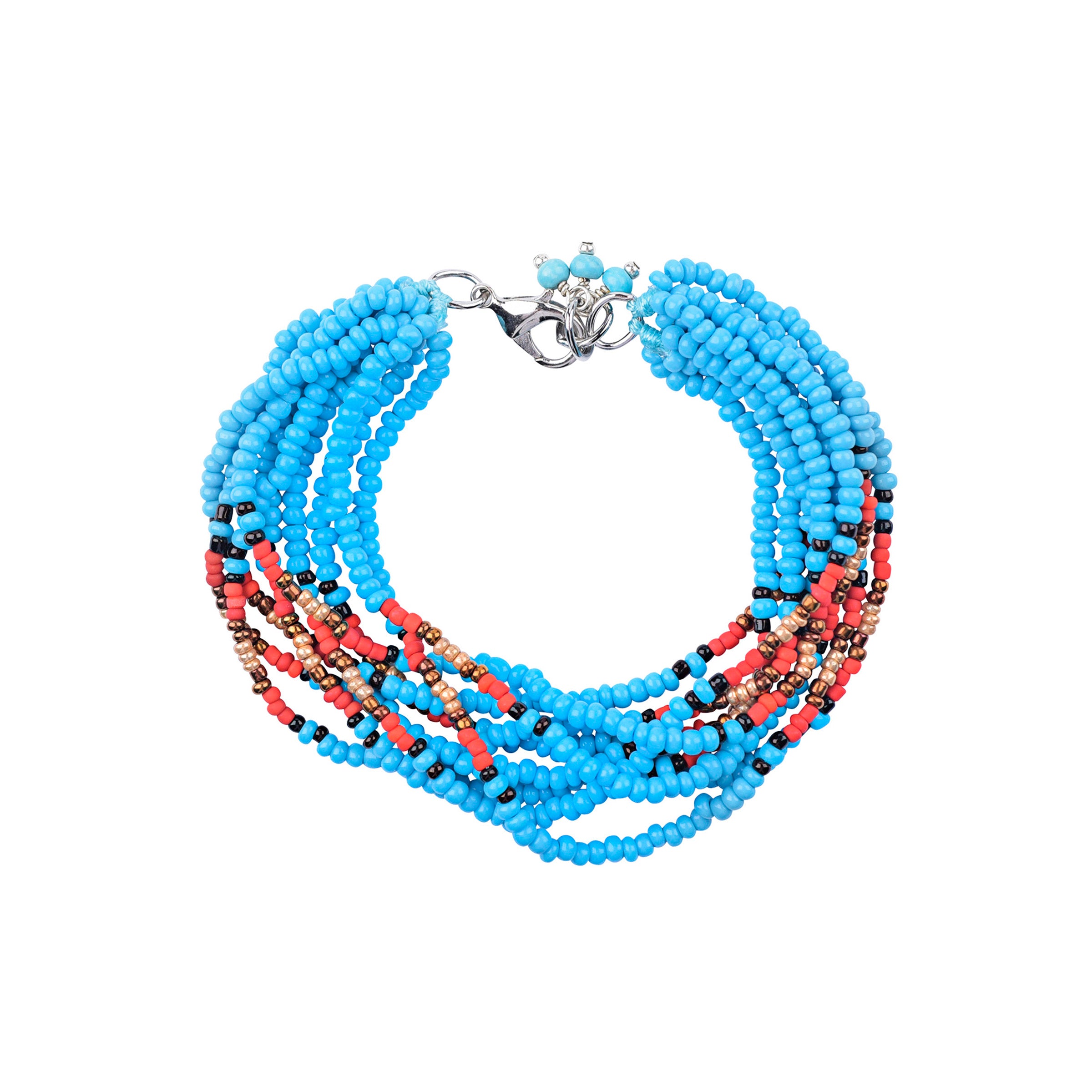 Multi strand bracelet made of glass seed beads and base metal lobster claw clasp